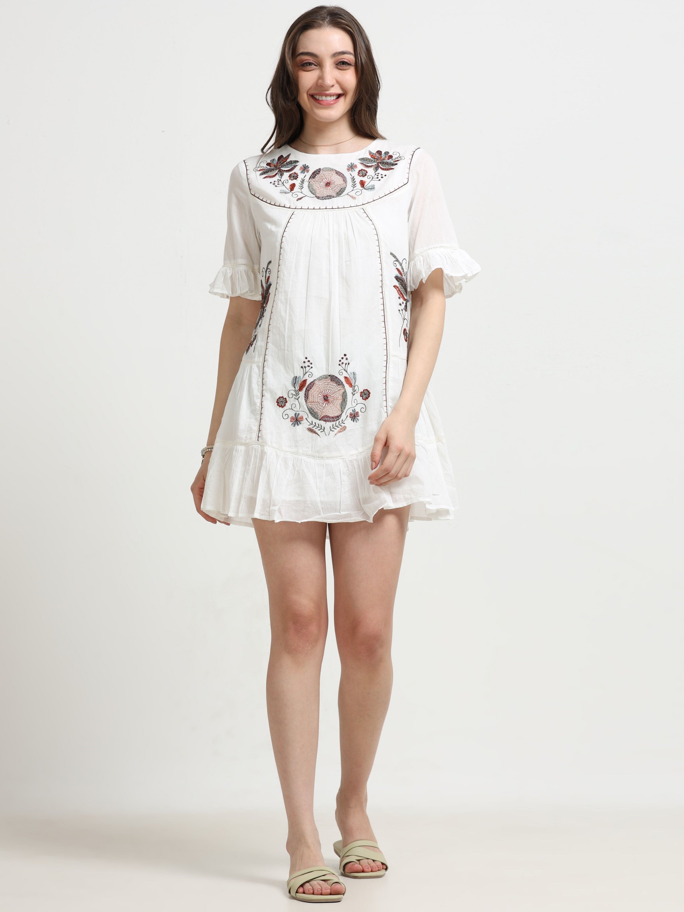 Women White Flared Embroidered Dress