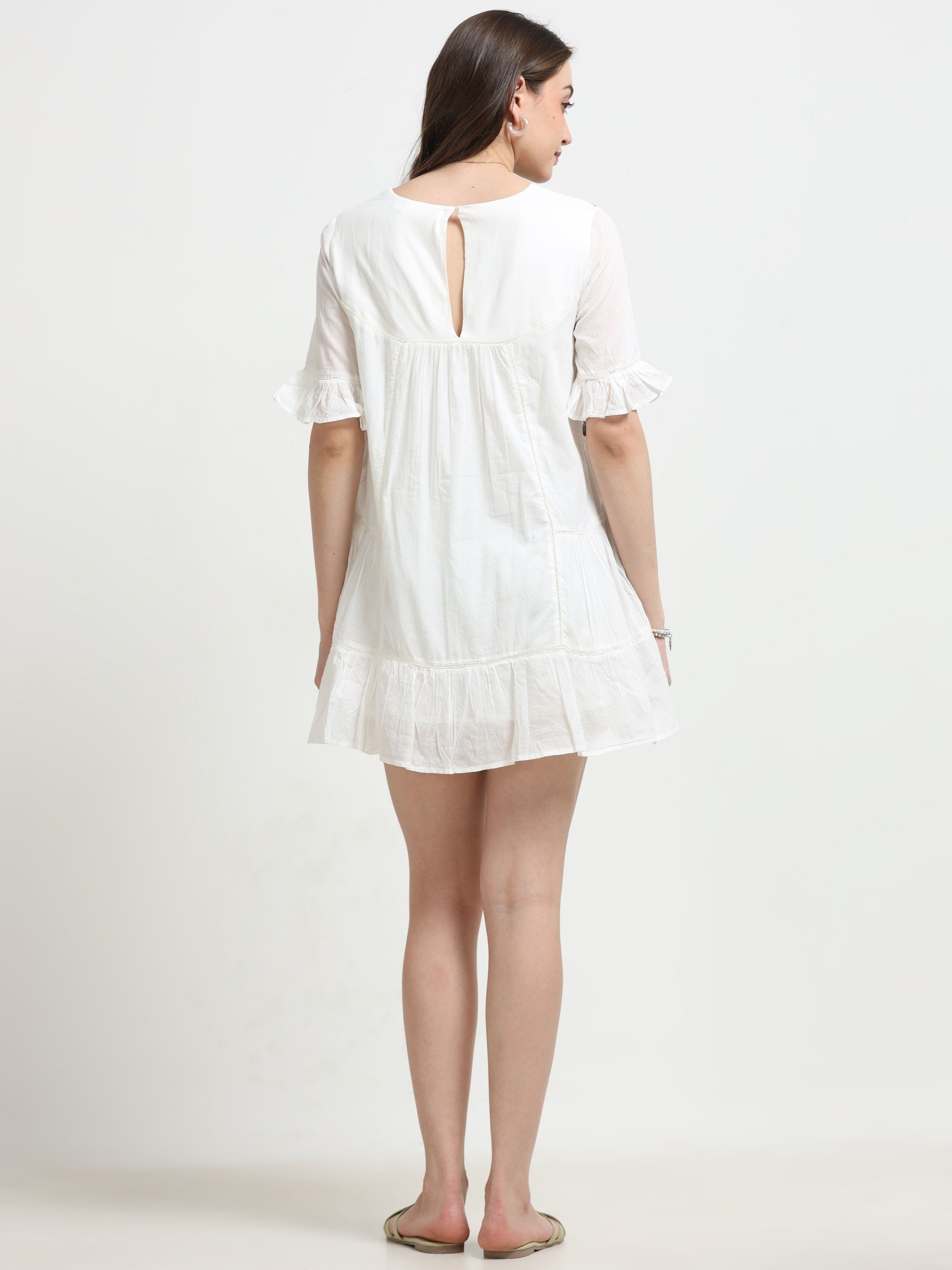 Women White Flared Embroidered Dress