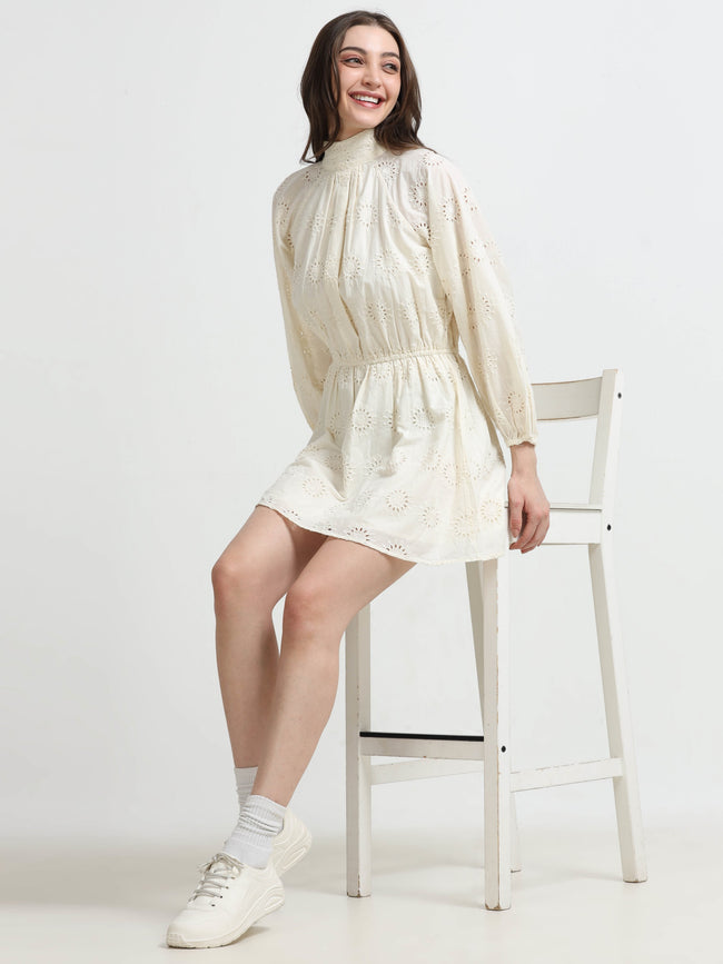 Women White Schiffli Fit & Flare Dress