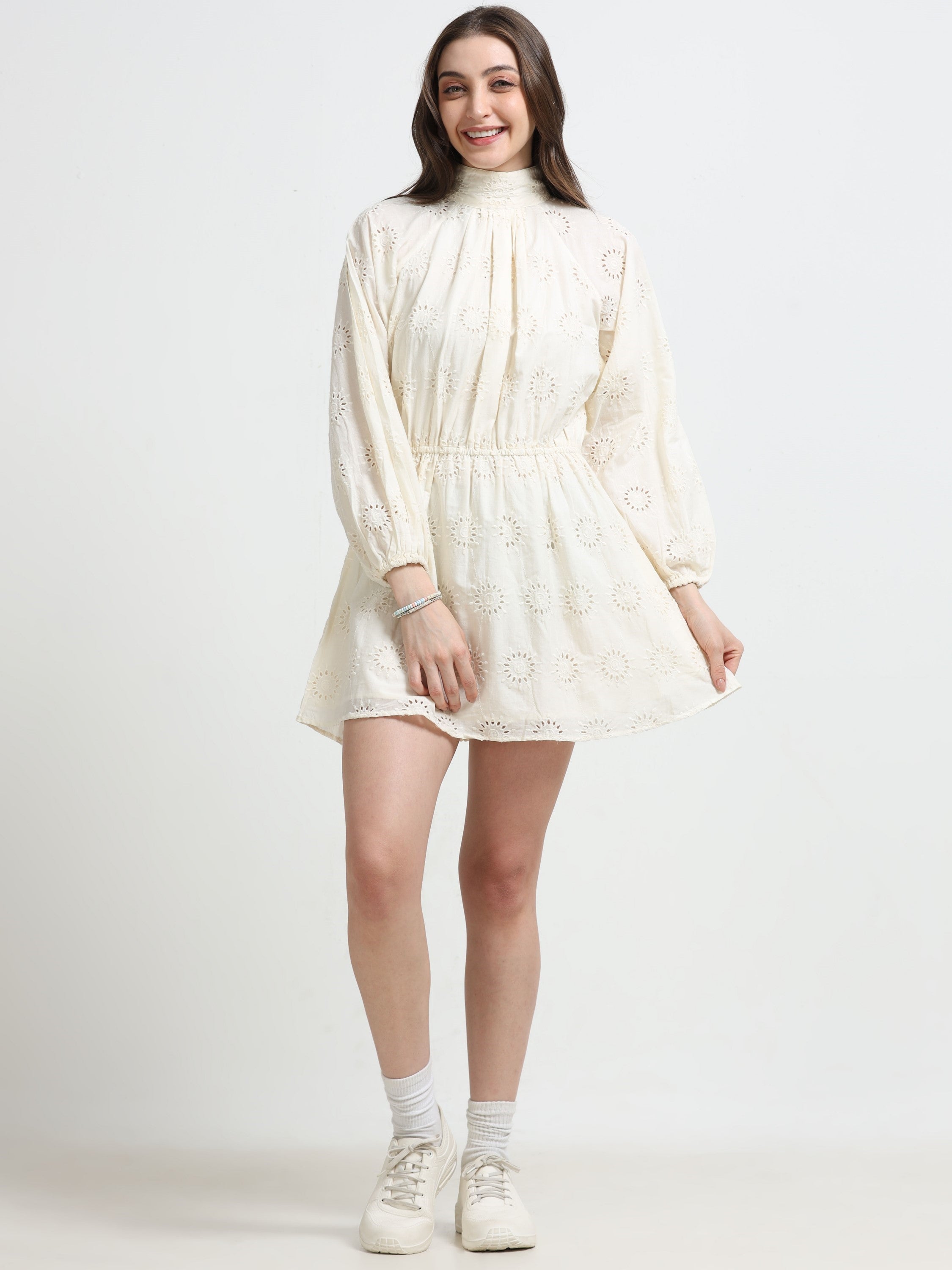 Women White Schiffli Fit & Flare Dress