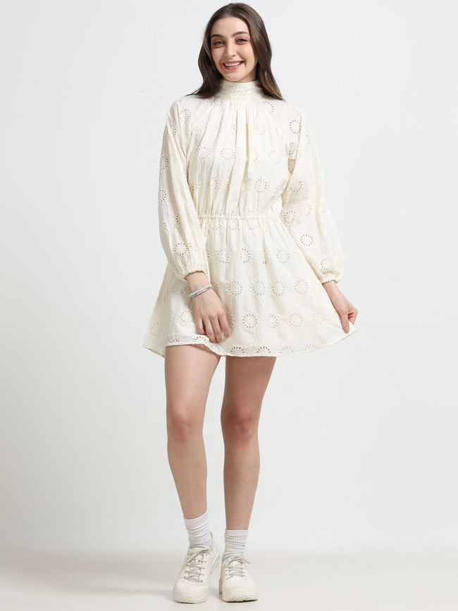 Women White Schiffli Fit & Flare Dress