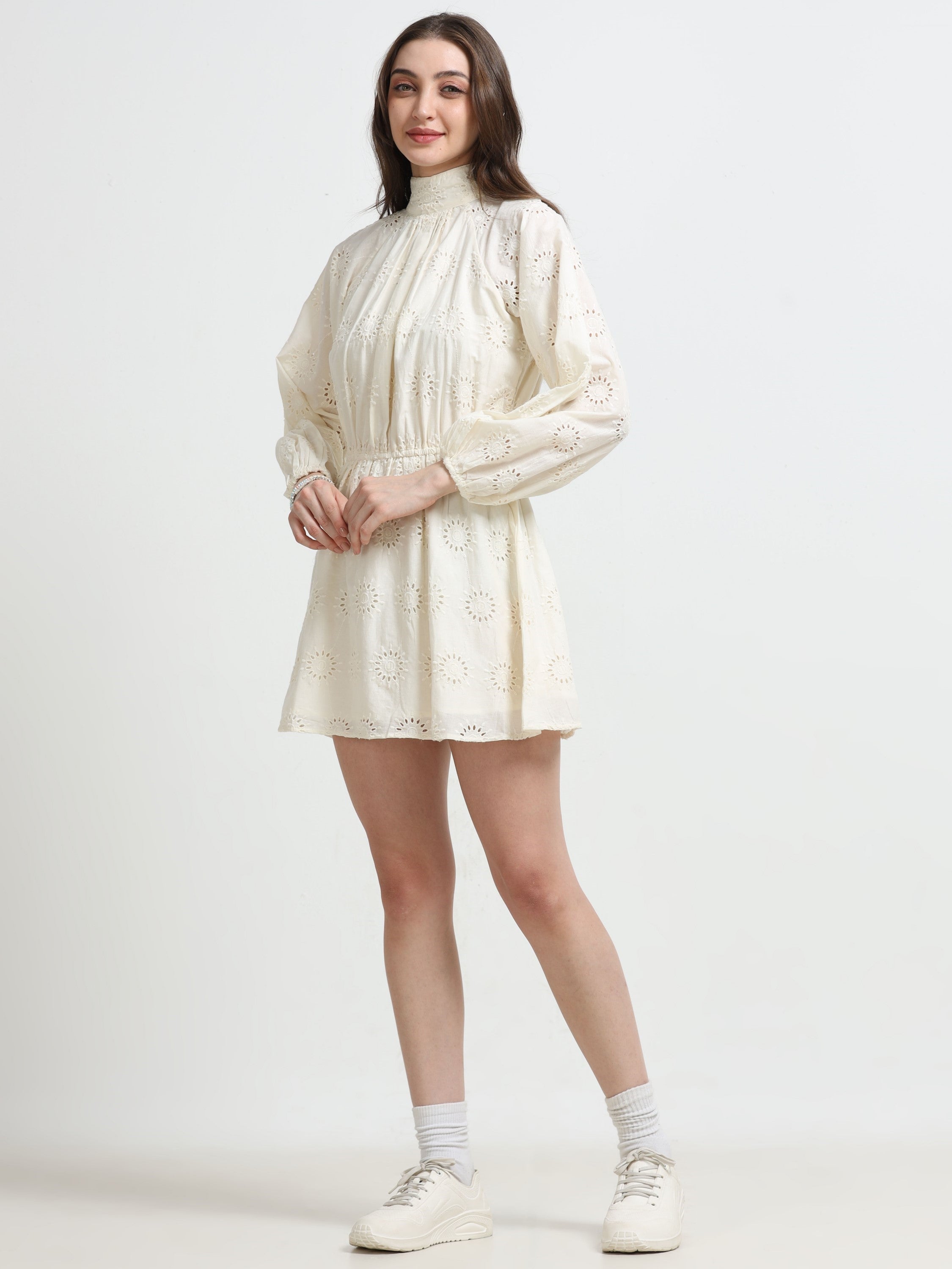 Women White Schiffli Fit & Flare Dress