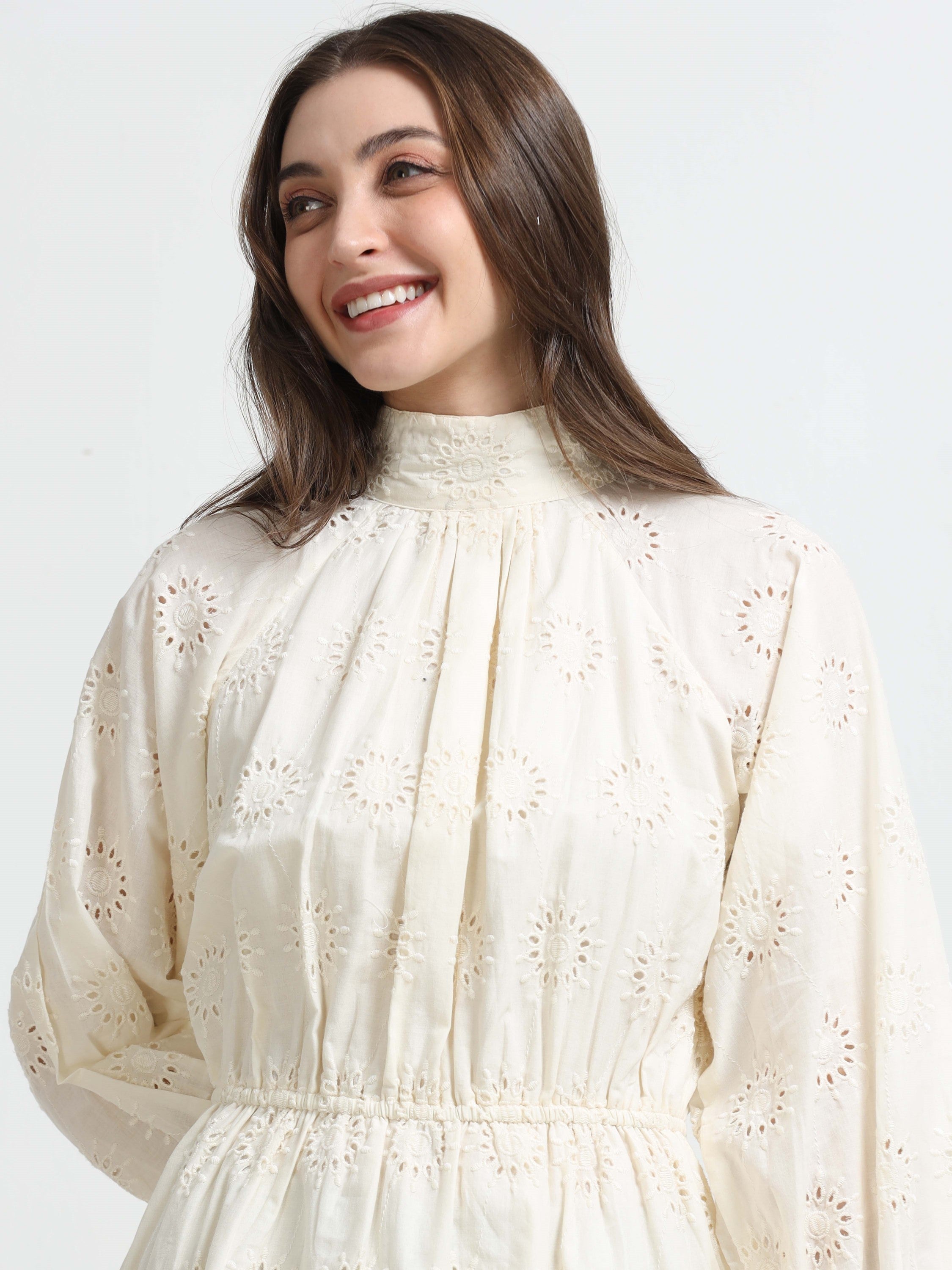 Women White Schiffli Fit & Flare Dress