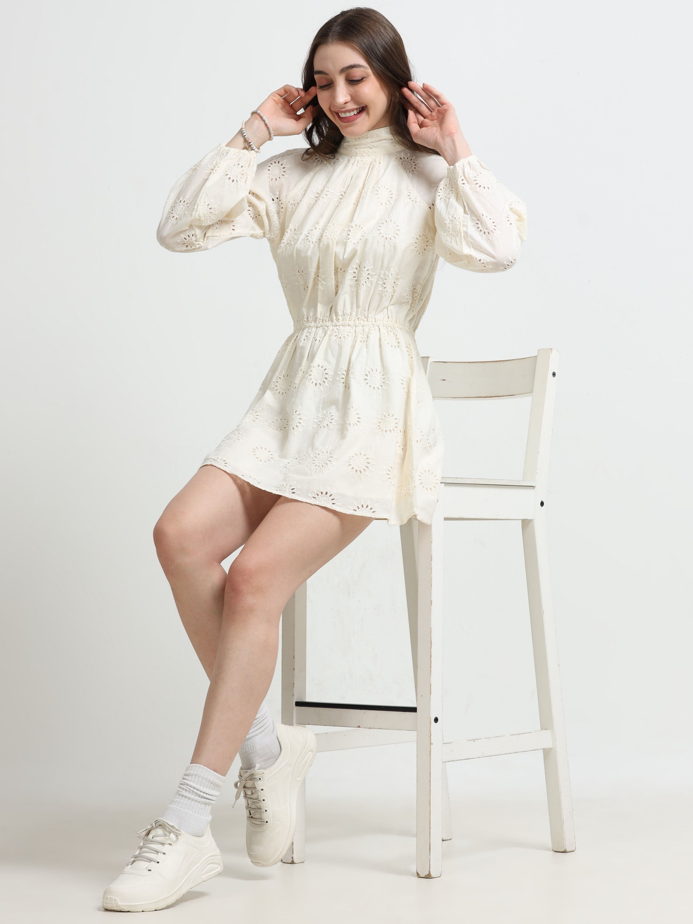 Women White Schiffli Fit & Flare Dress