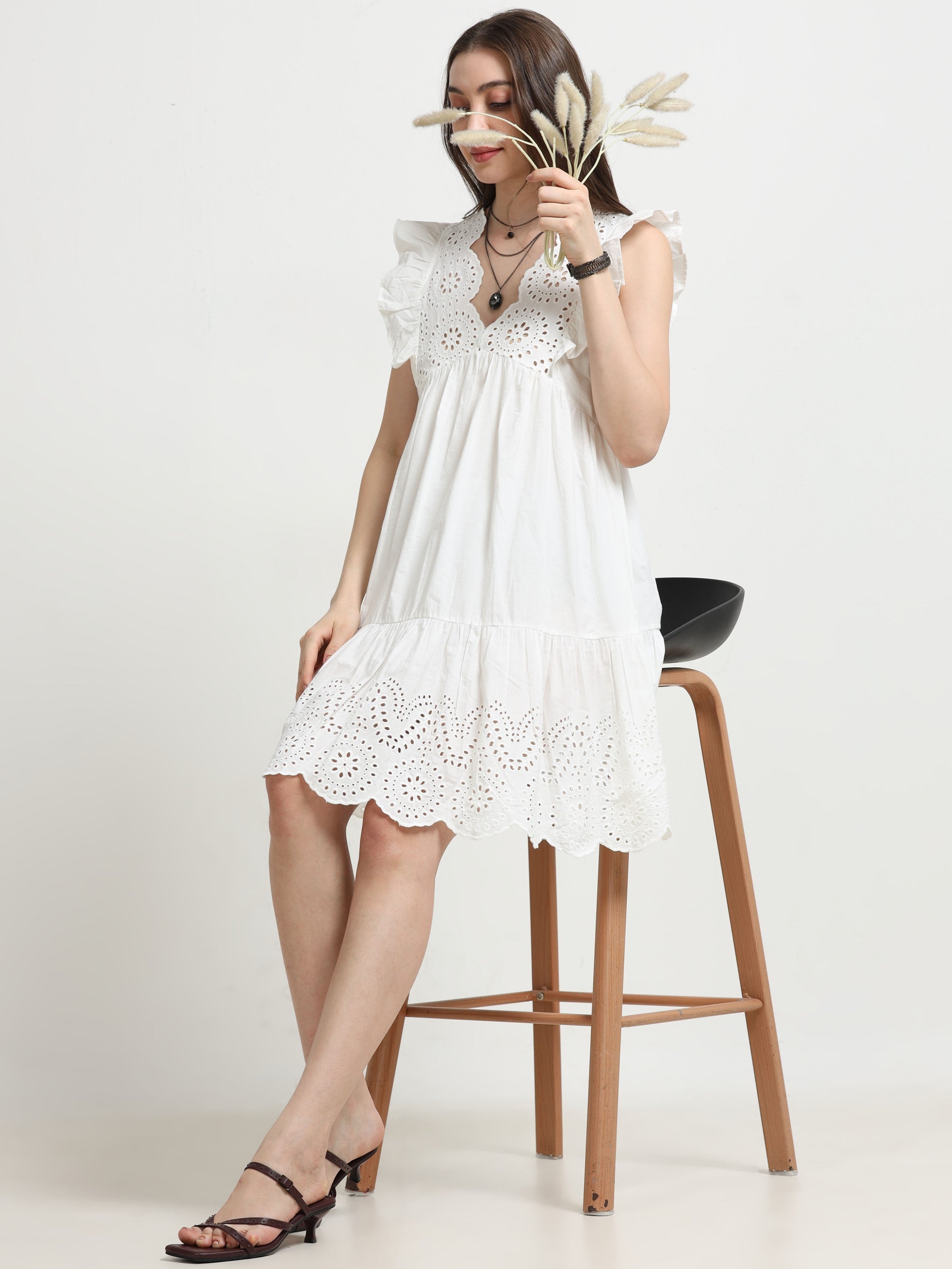 Women White Schiffli Flared Dress
