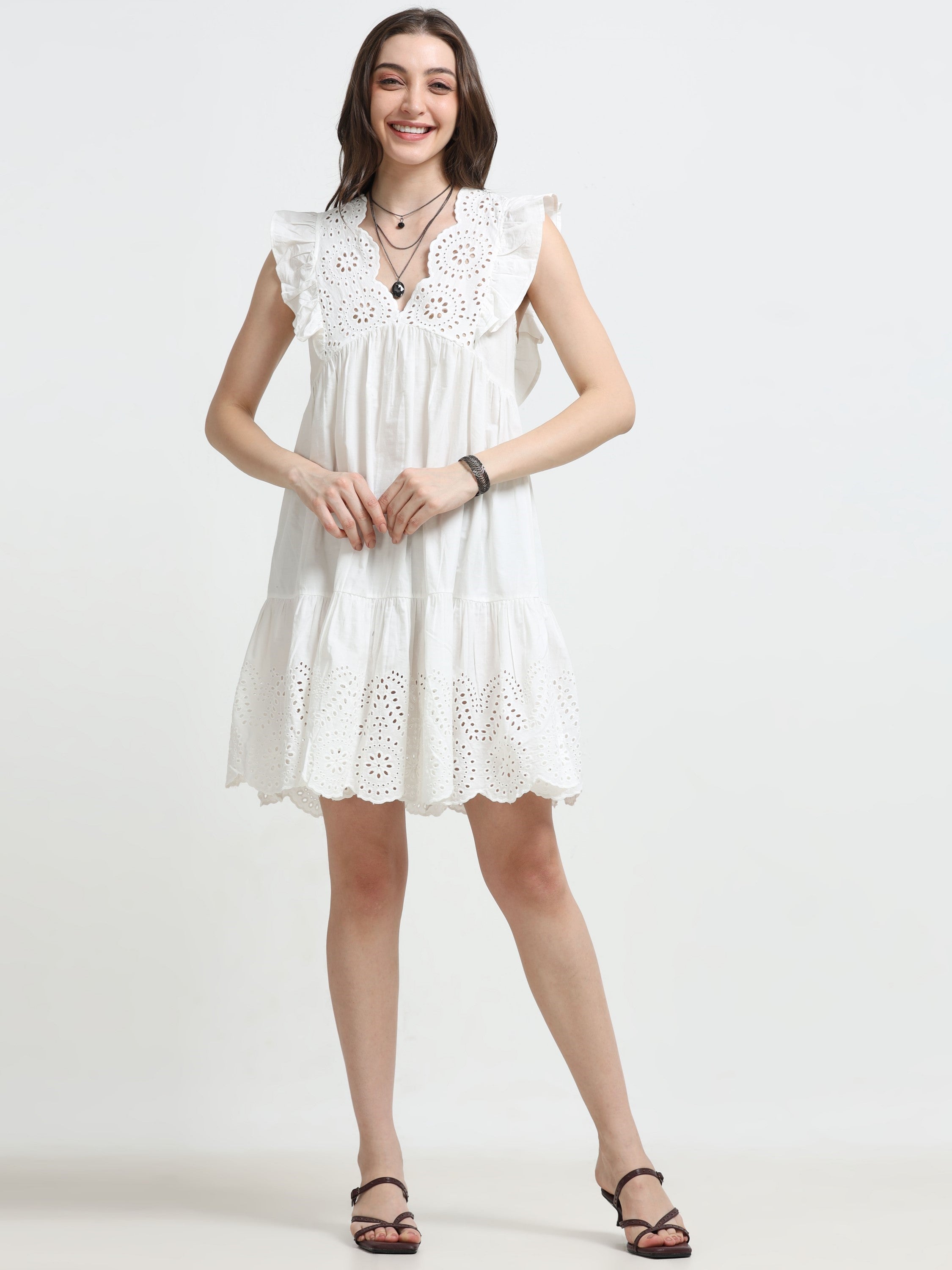 Women White Schiffli Flared Dress