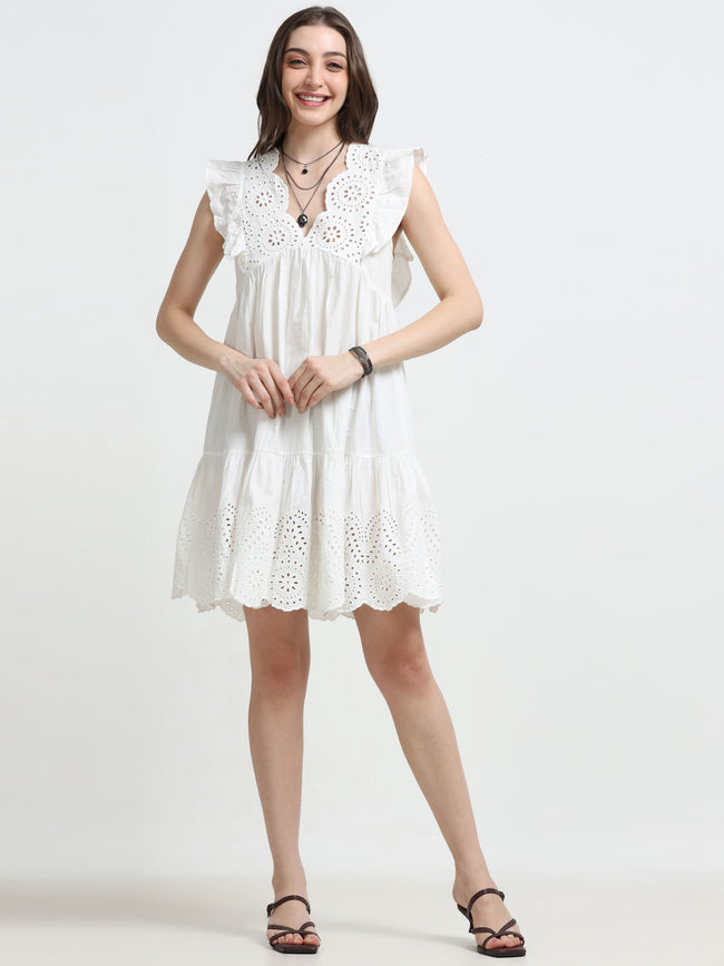 Women White Schiffli Flared Dress