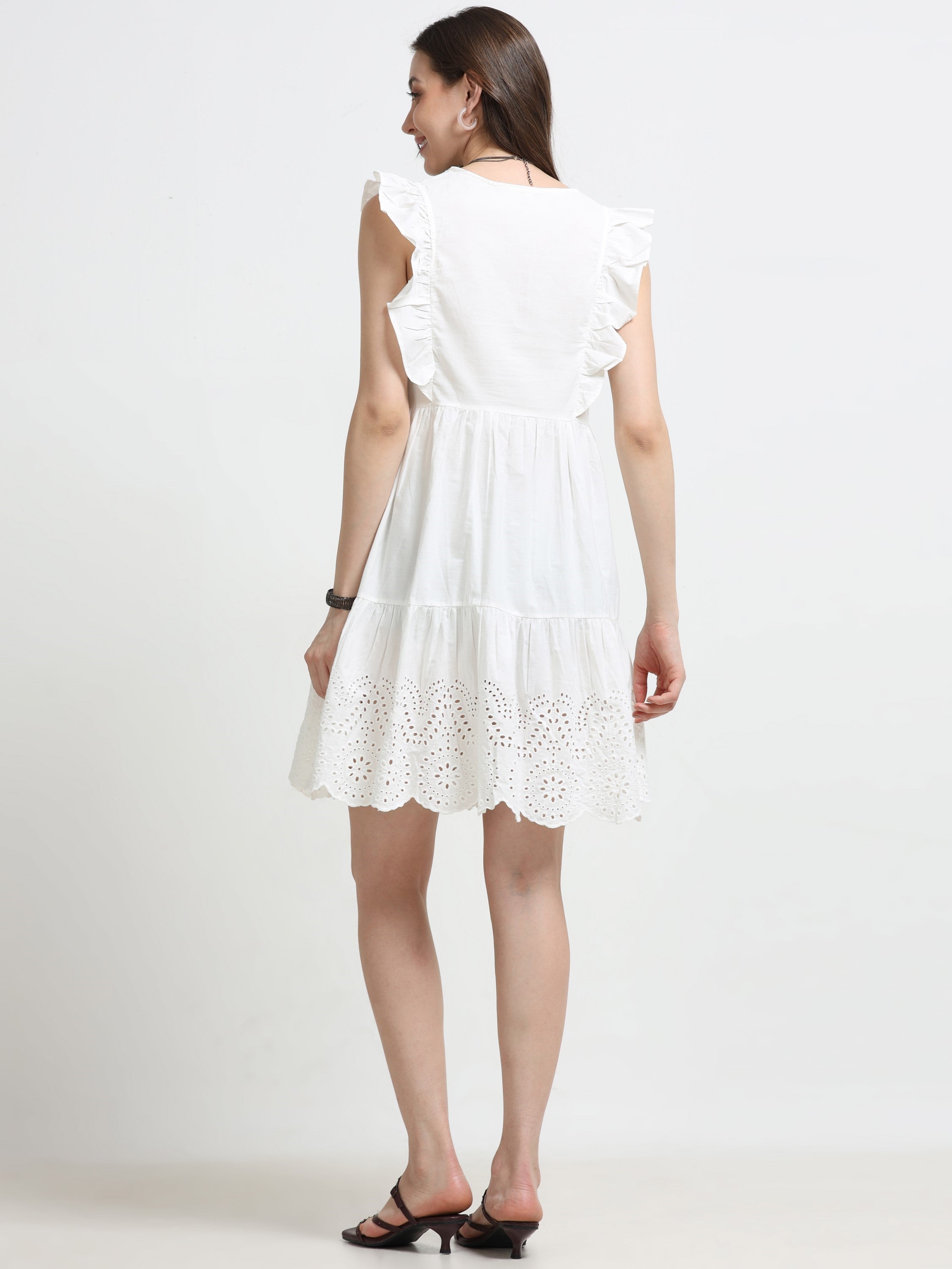 Women White Schiffli Flared Dress