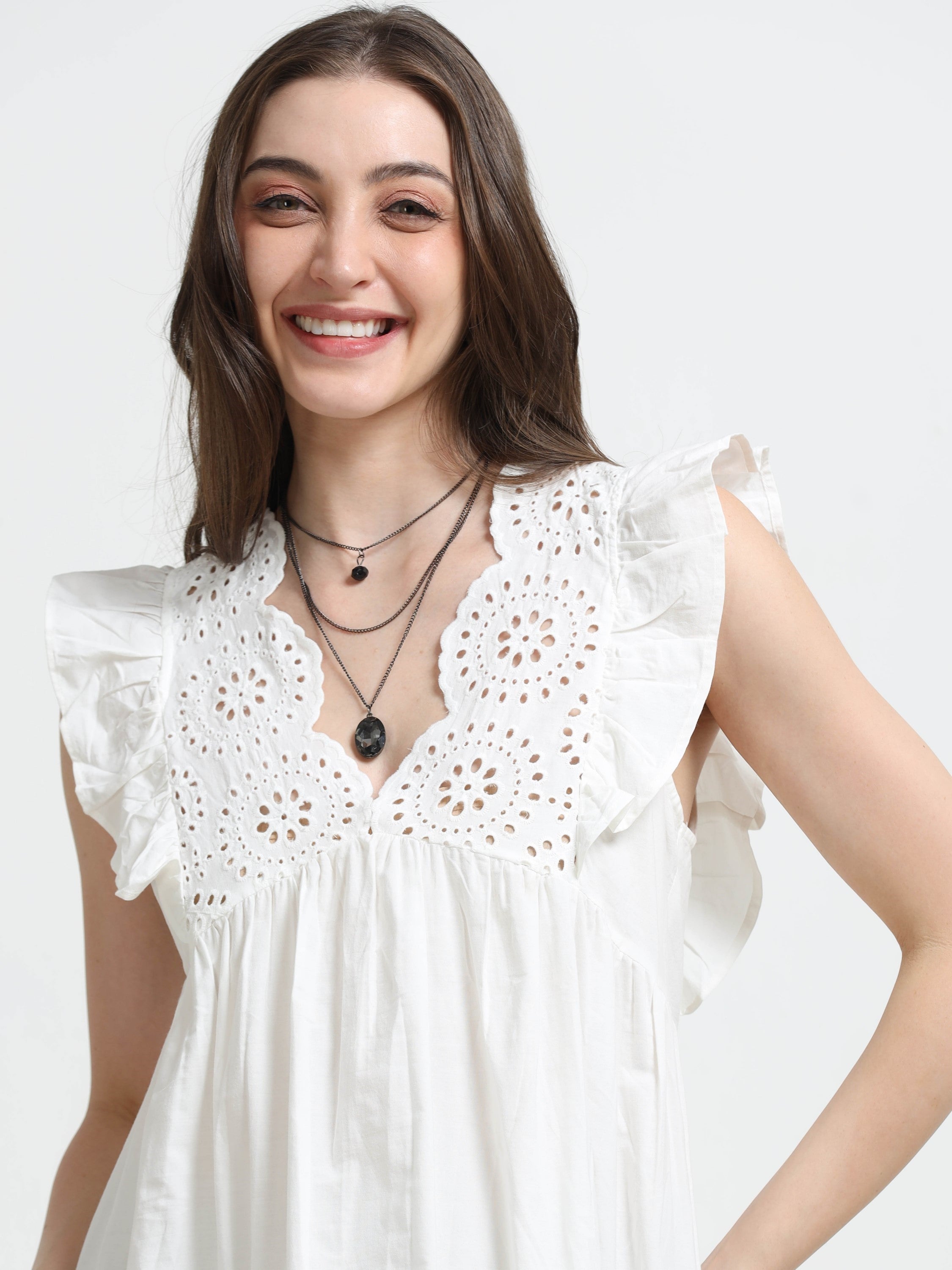 Women White Schiffli Flared Dress