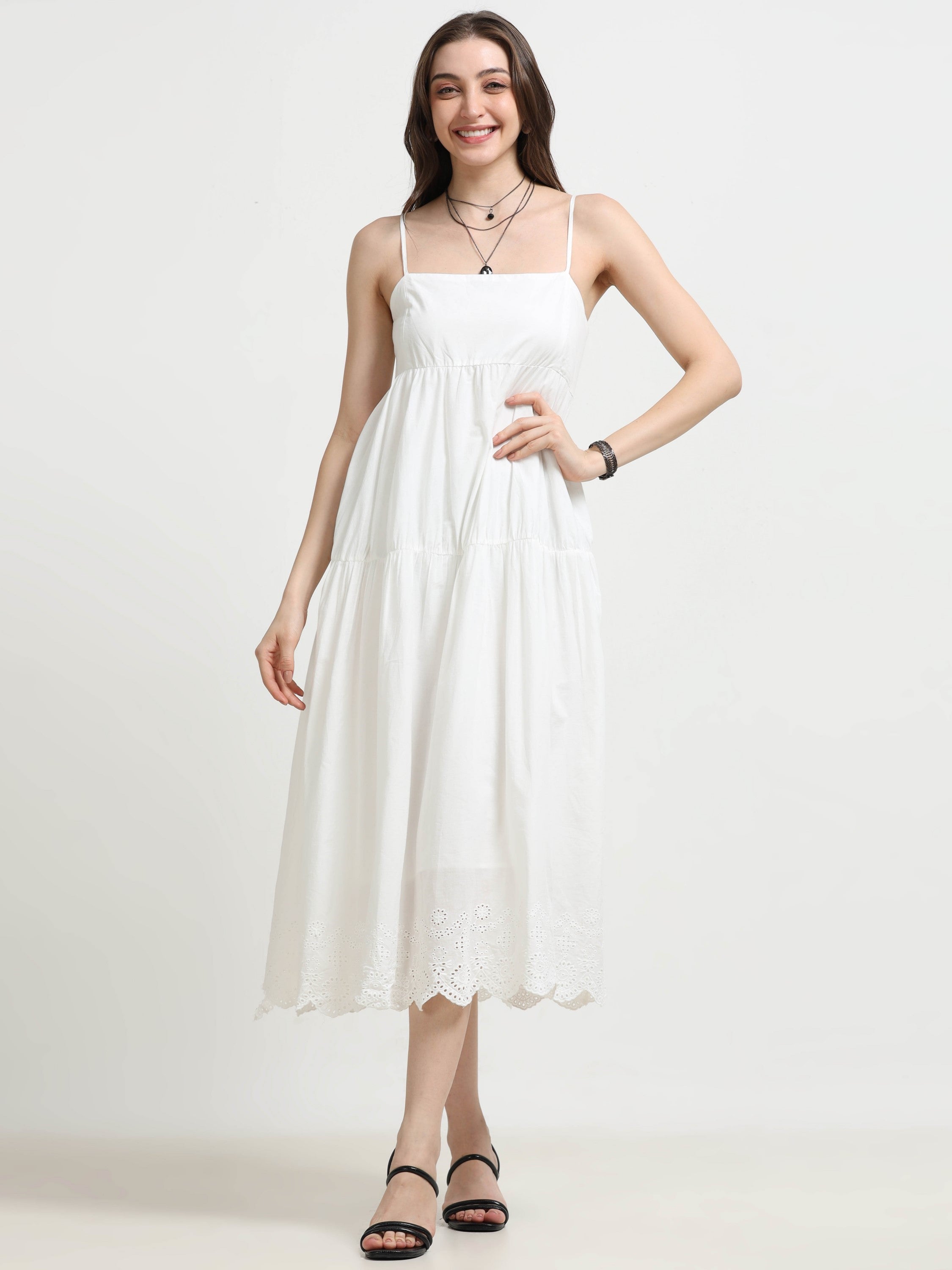 Women White Schiffli Hem flared Dress