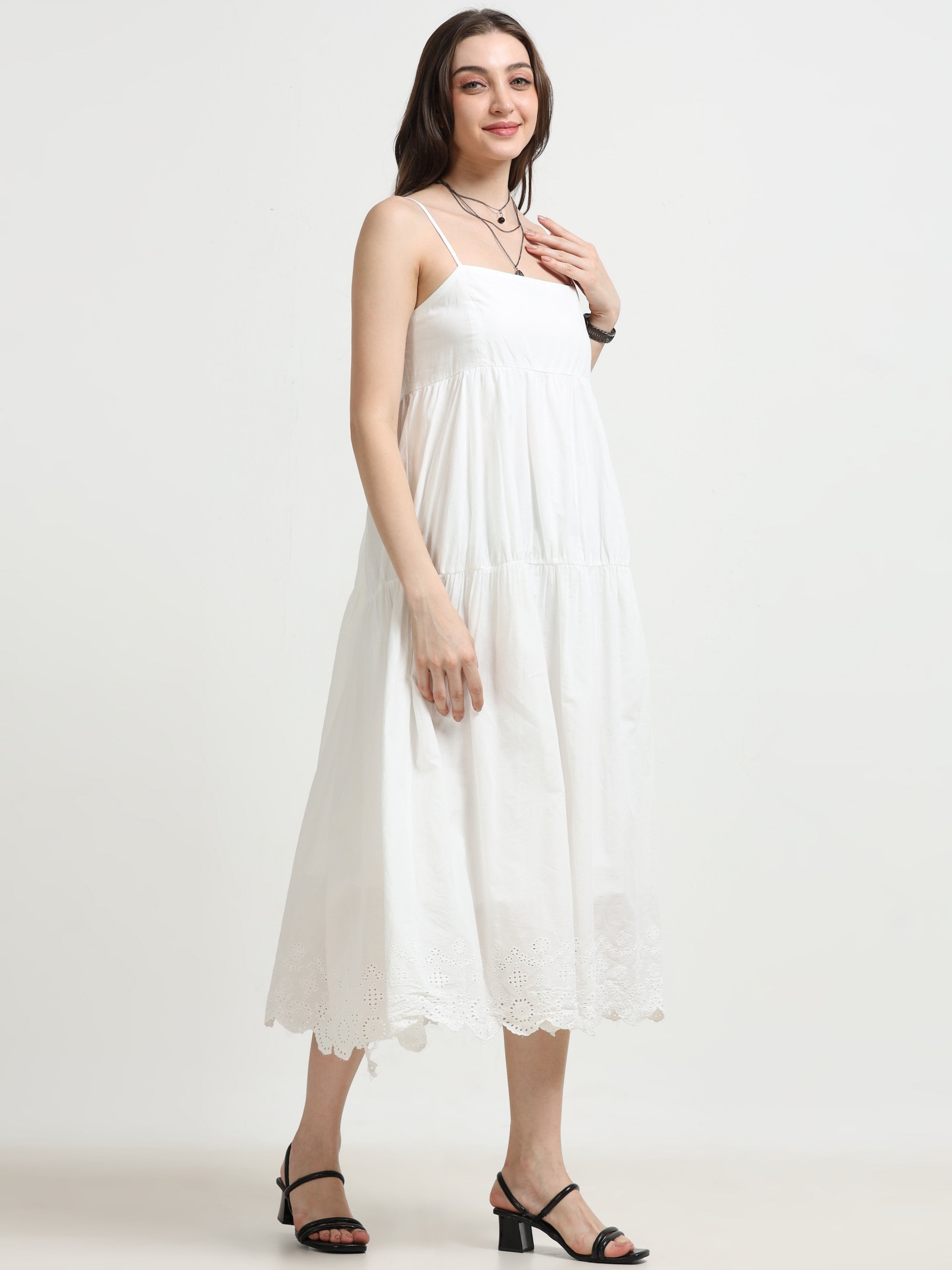 Women White Schiffli Hem flared Dress