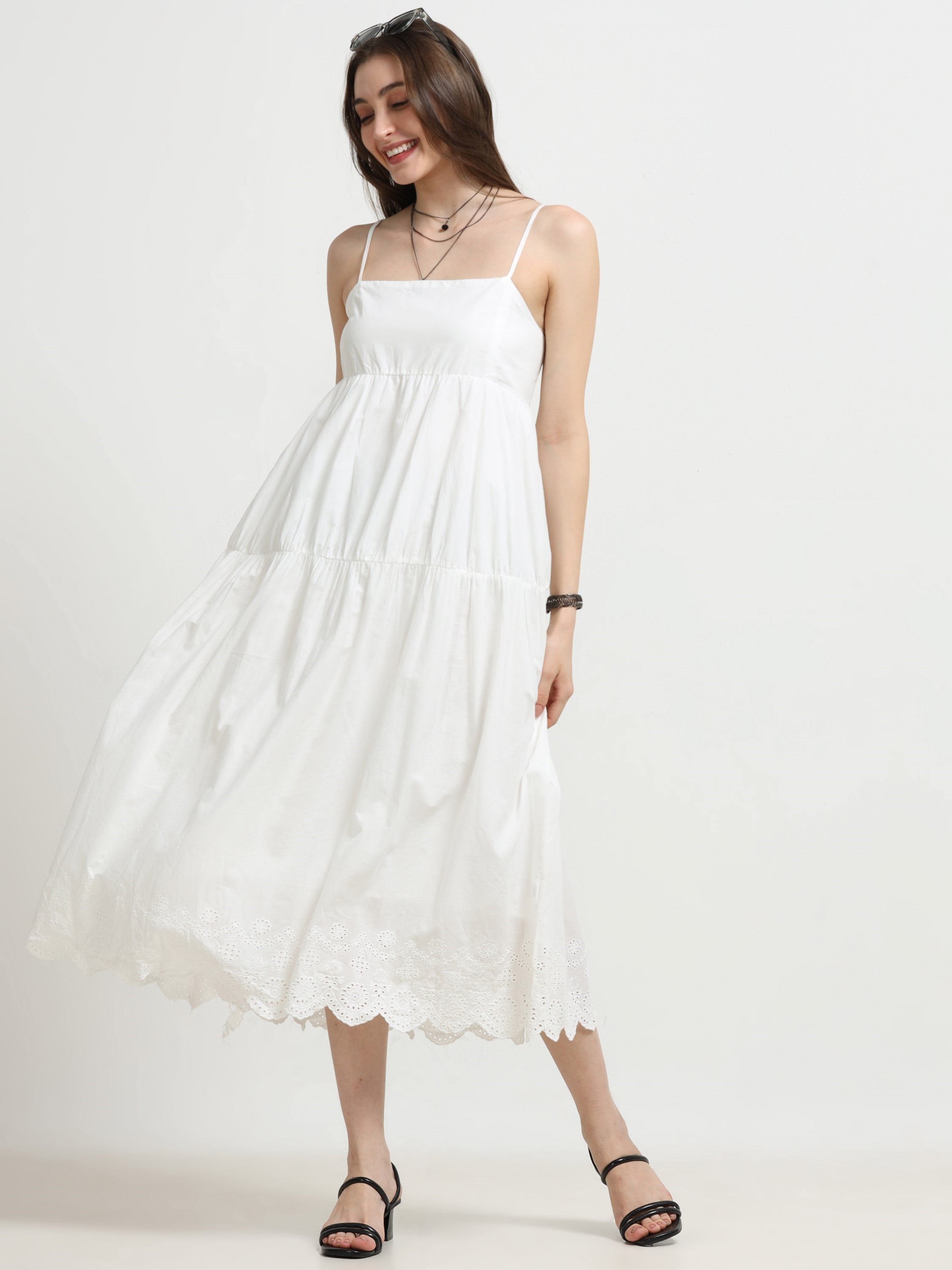 Women White Schiffli Hem flared Dress