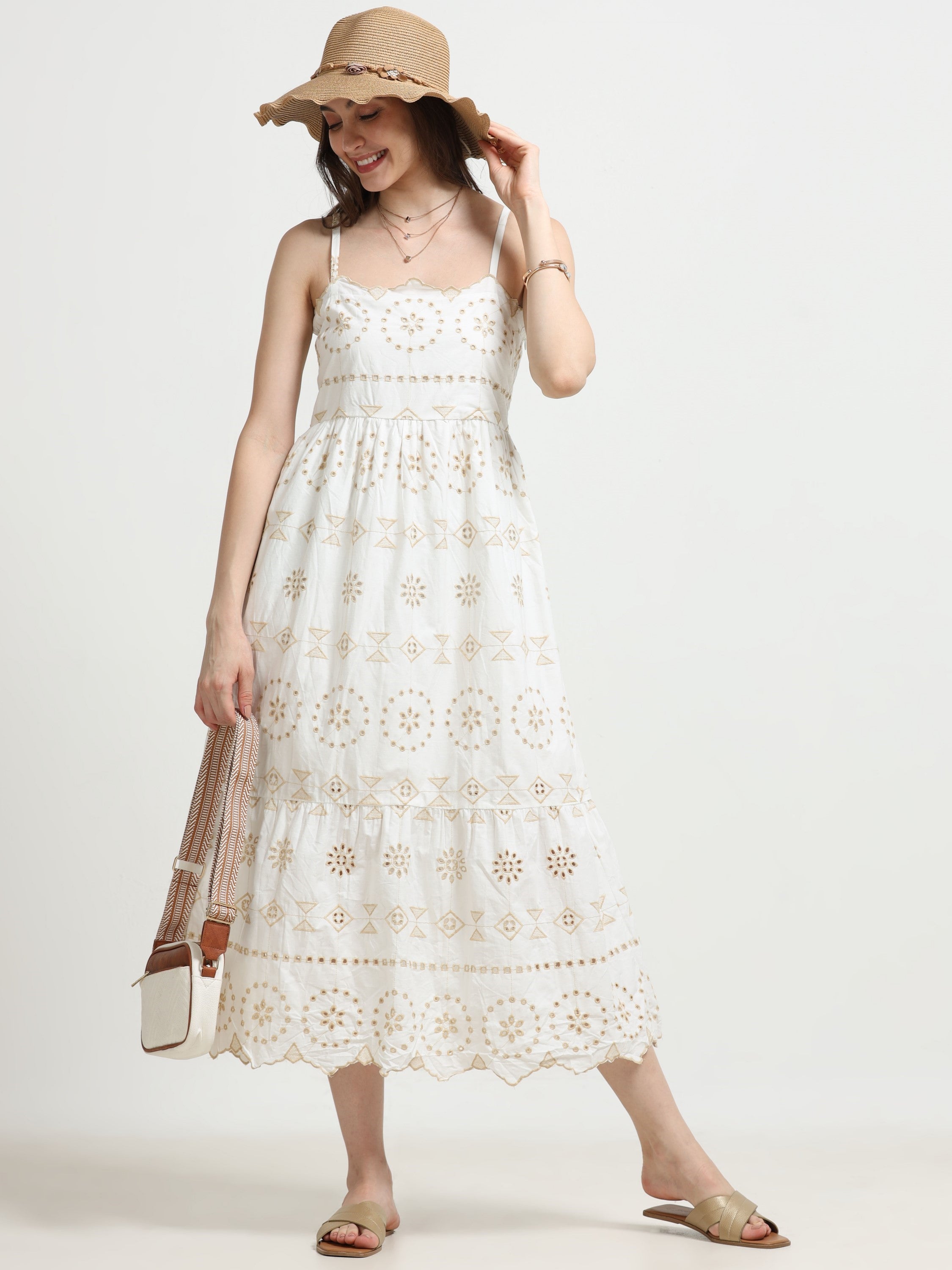Women Schiffli Scallop Flared Dress