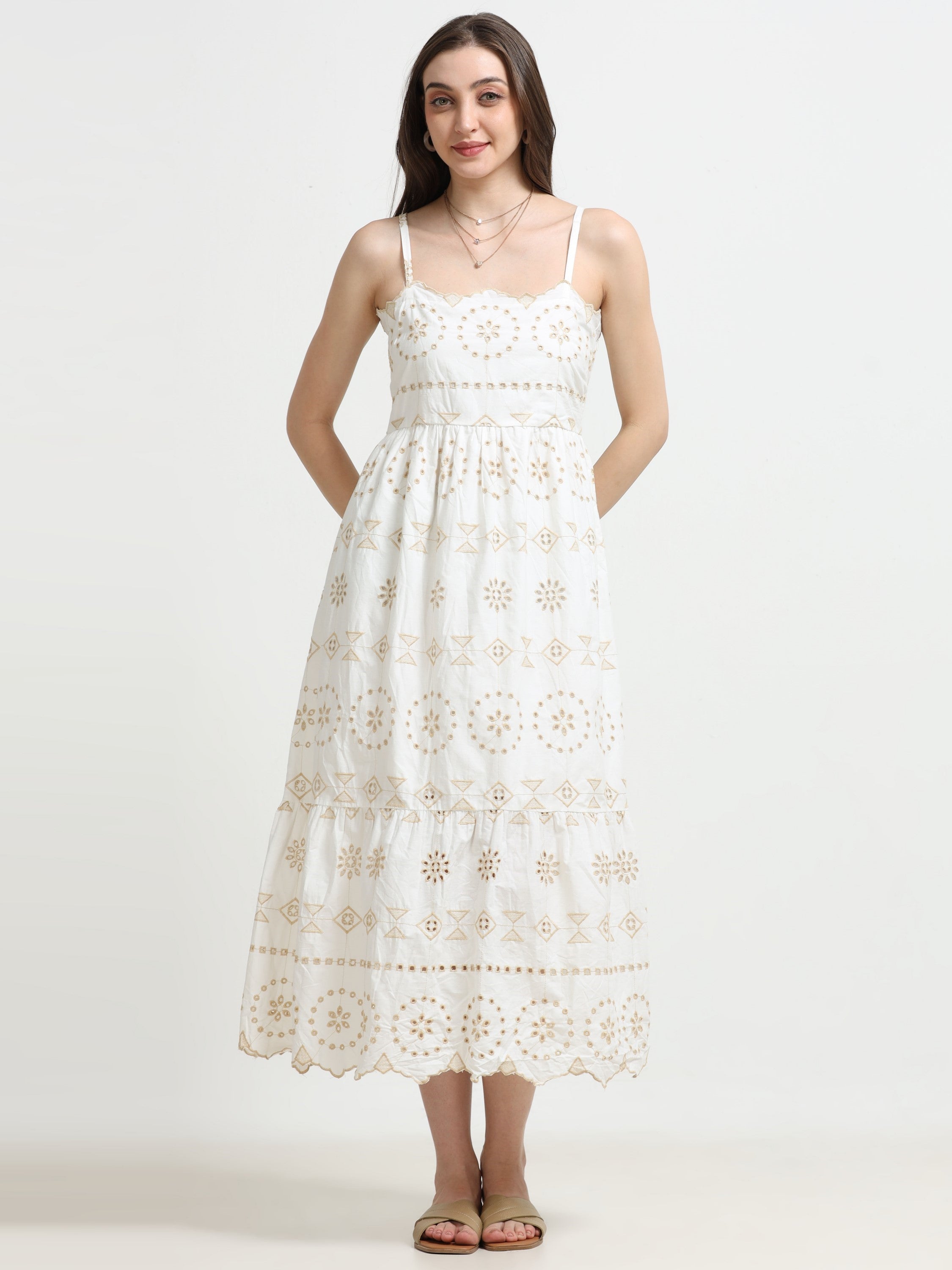 Women Schiffli Scallop Flared Dress