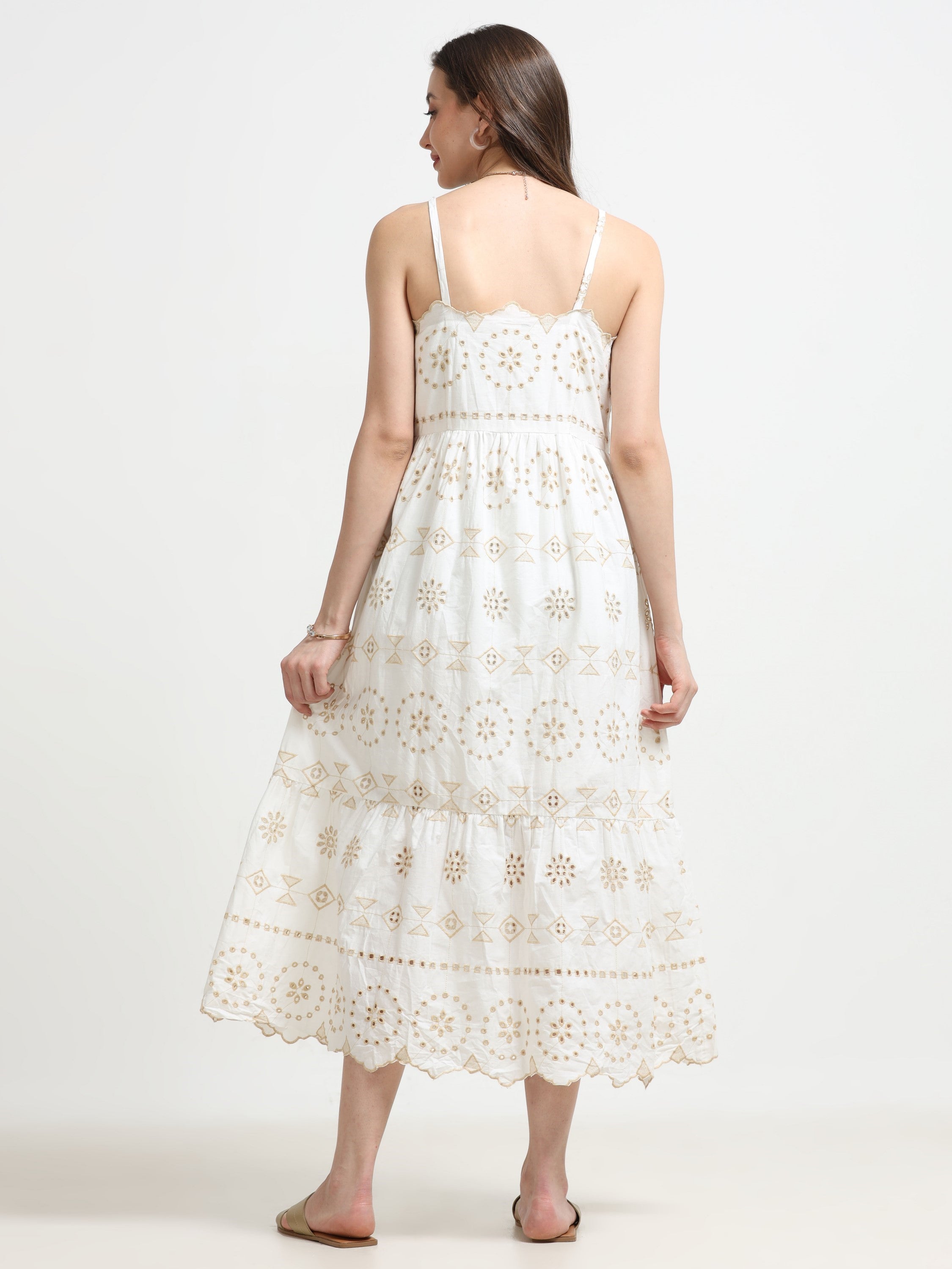 Women Schiffli Scallop Flared Dress