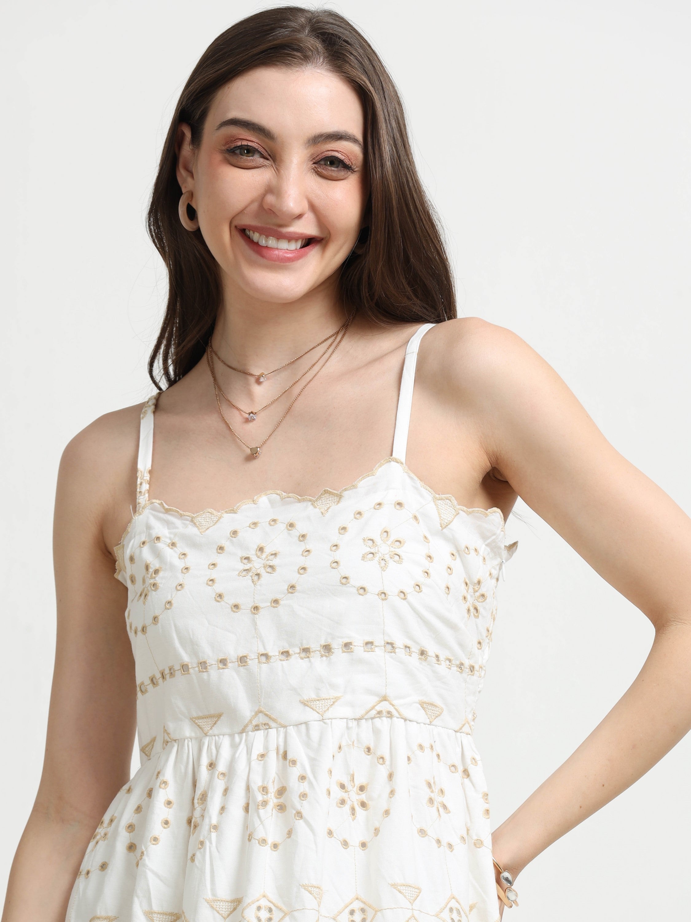 Women Schiffli Scallop Flared Dress