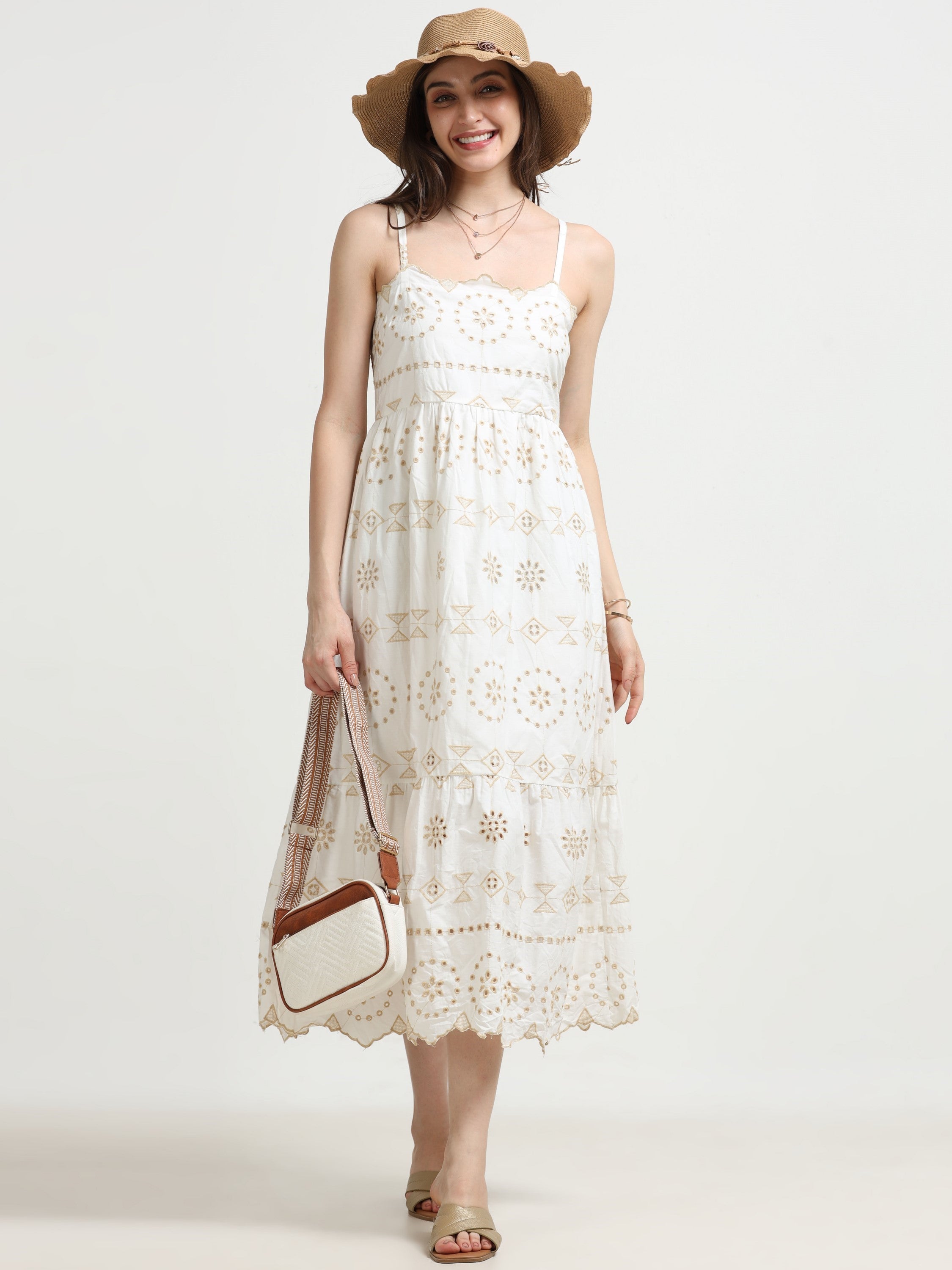 Women Schiffli Scallop Flared Dress