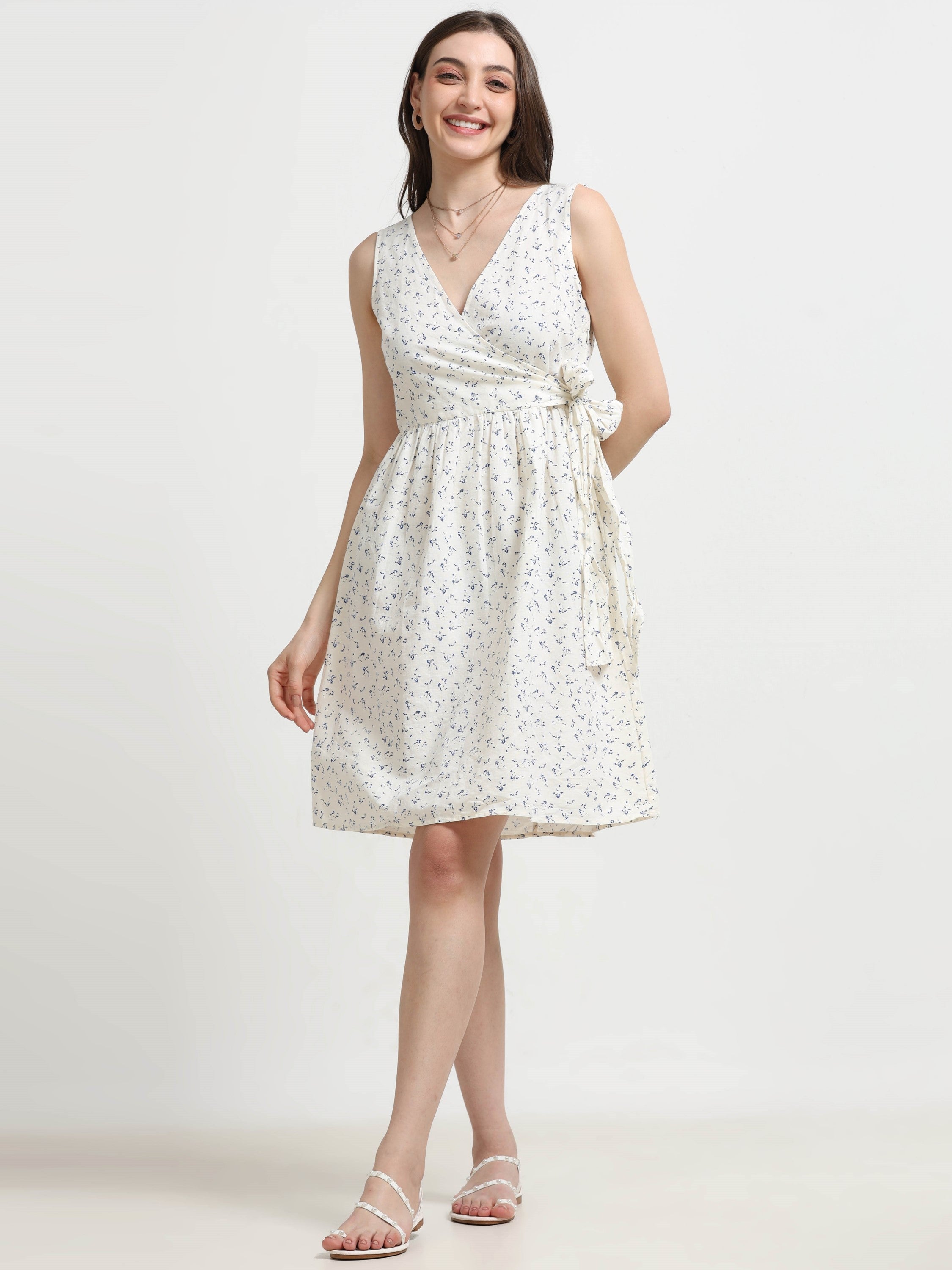 Women White Ditsy Wrap Dress