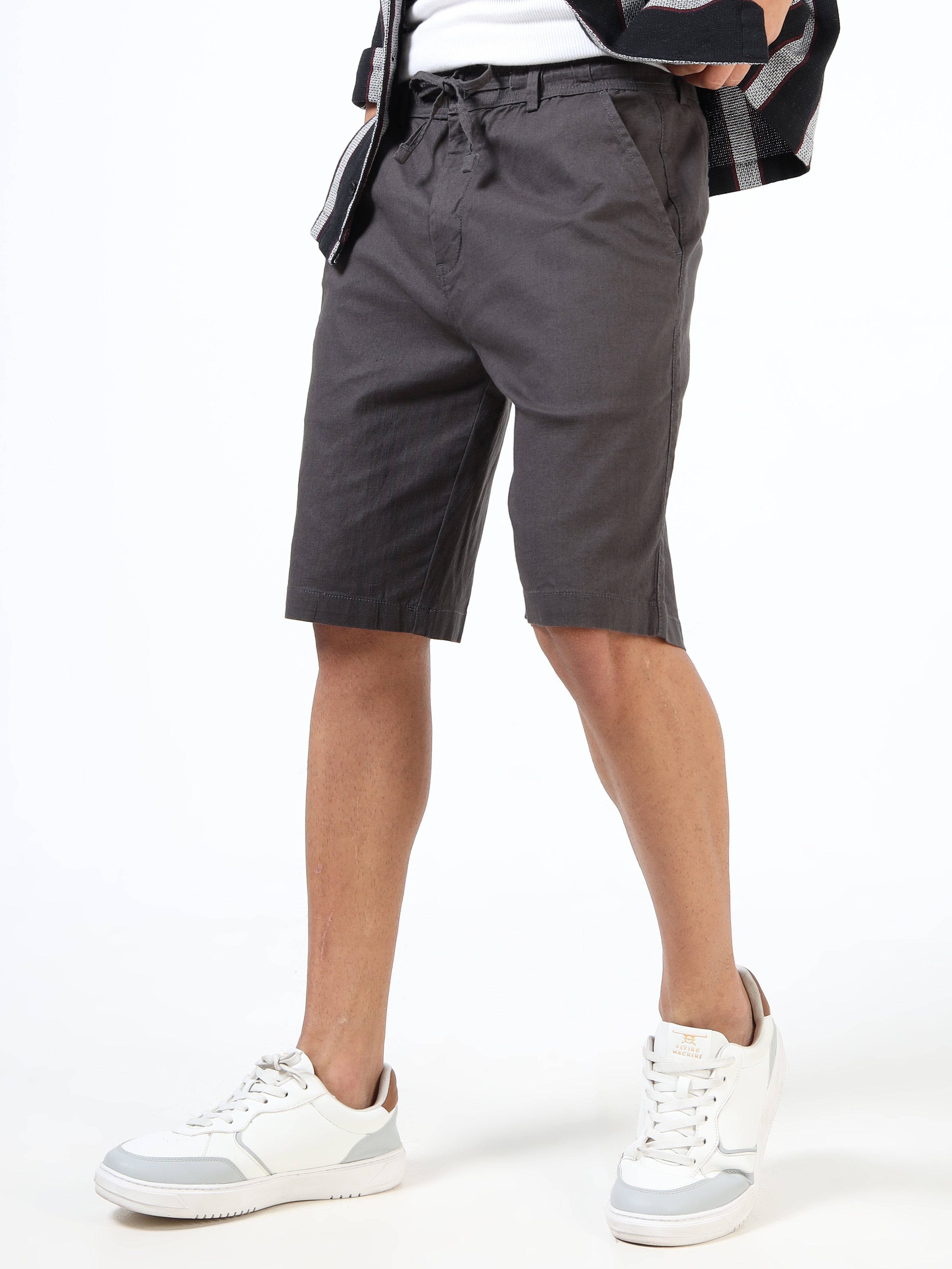 Men Grey Linen Drawstring Shorts