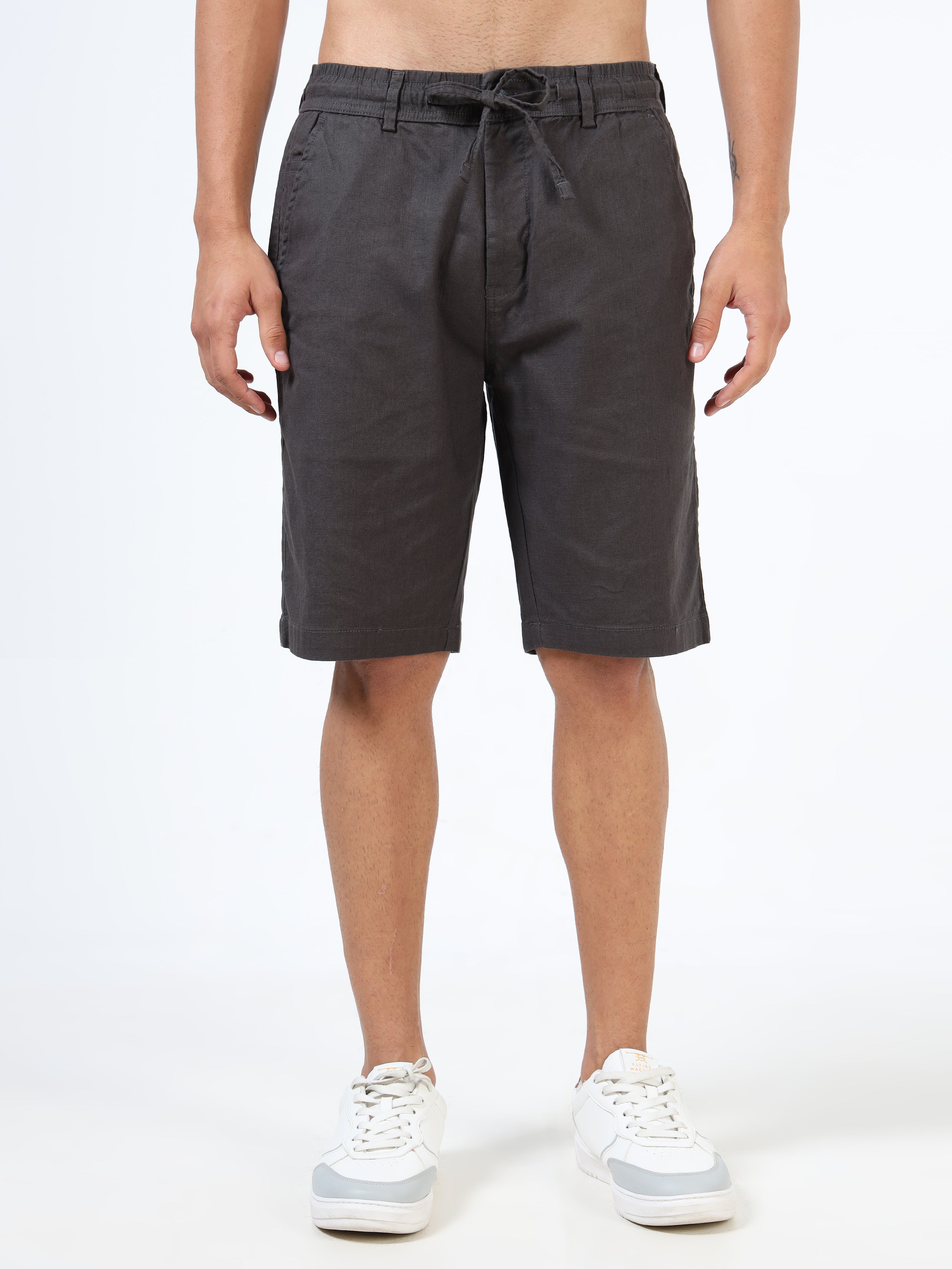 Men Grey Linen Drawstring Shorts