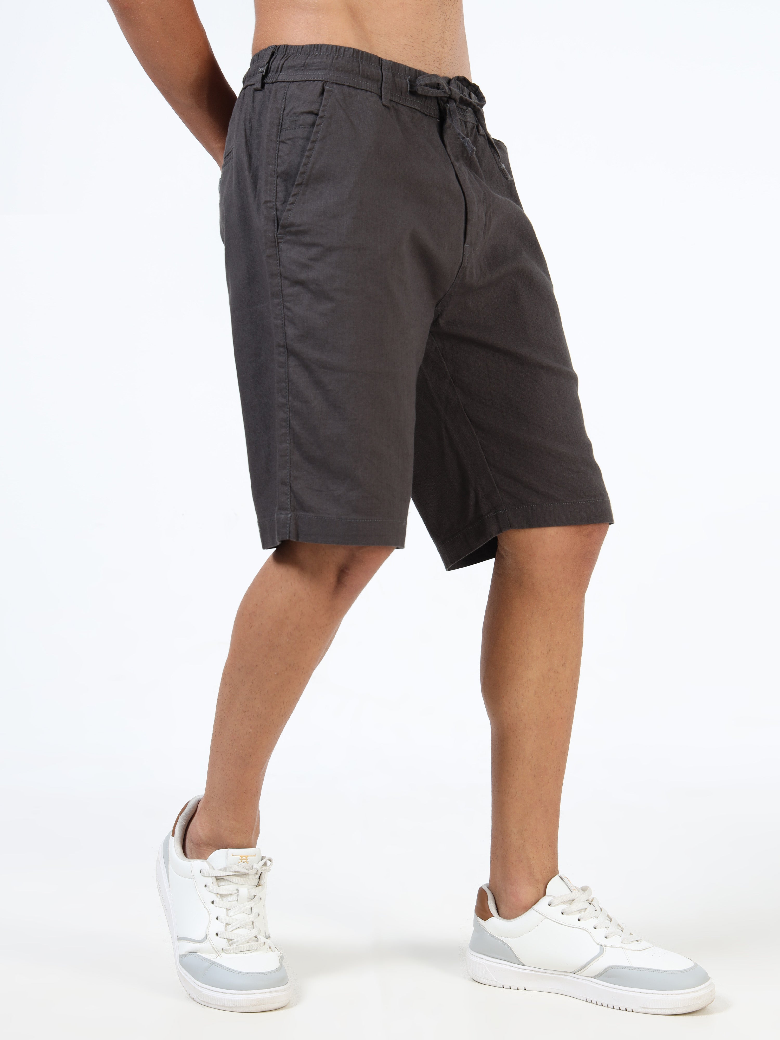 Men Grey Linen Drawstring Shorts
