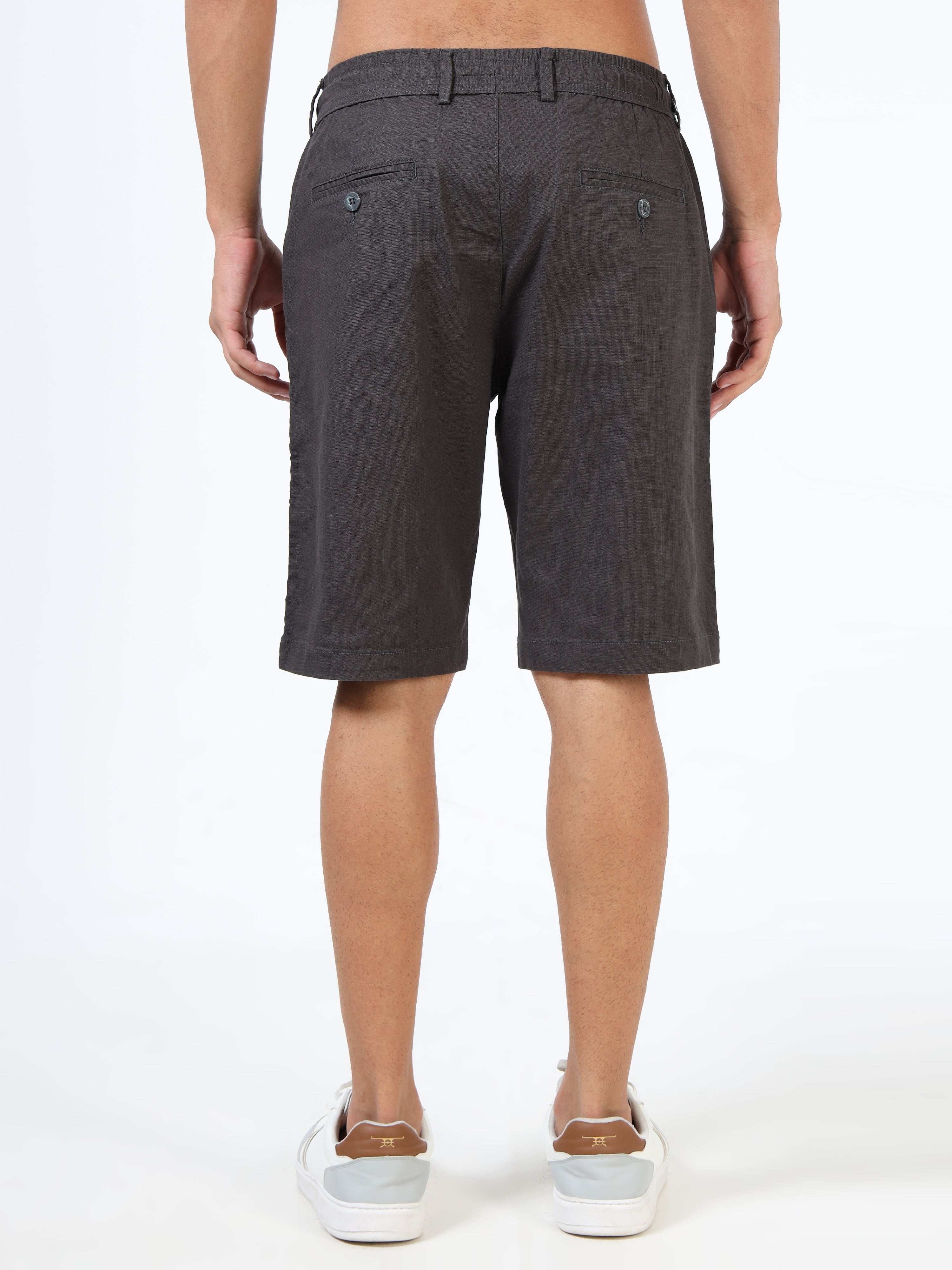 Men Grey Linen Drawstring Shorts
