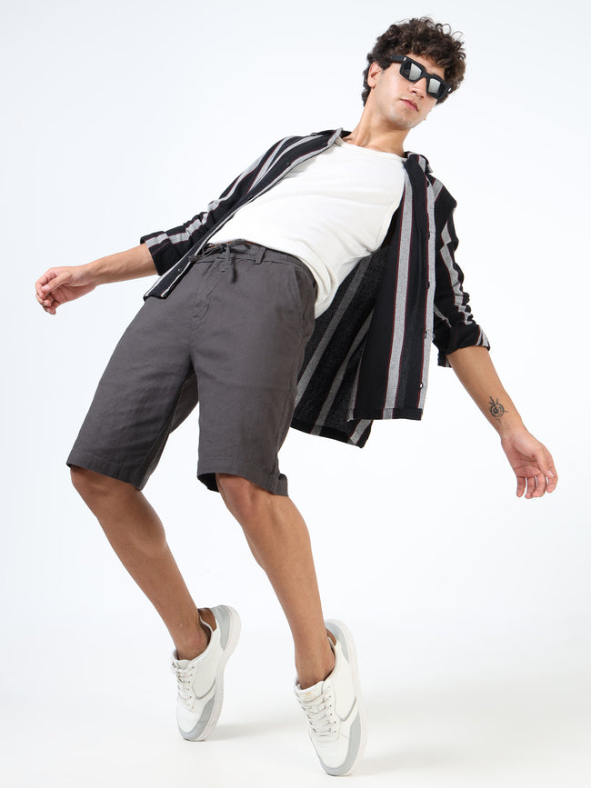 Men Grey Linen Drawstring Shorts