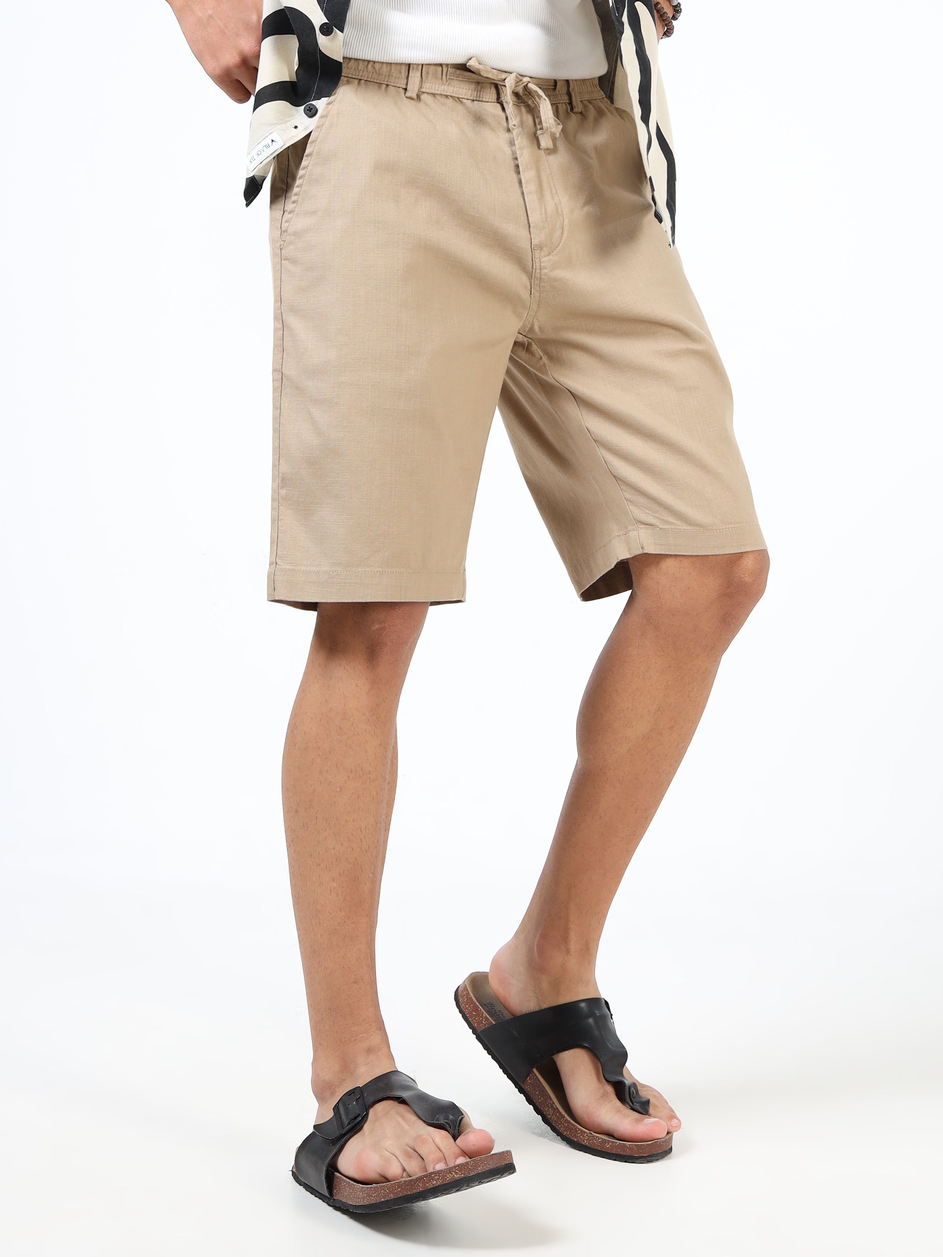 Men Khaki Linen Drawstring Shorts