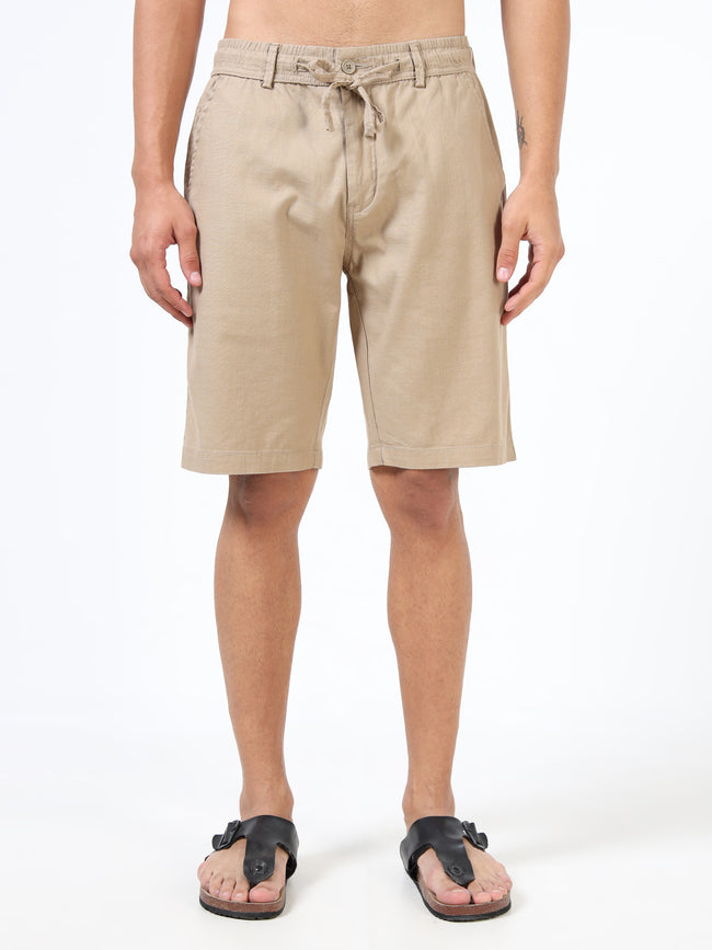 Men Khaki Linen Drawstring Shorts