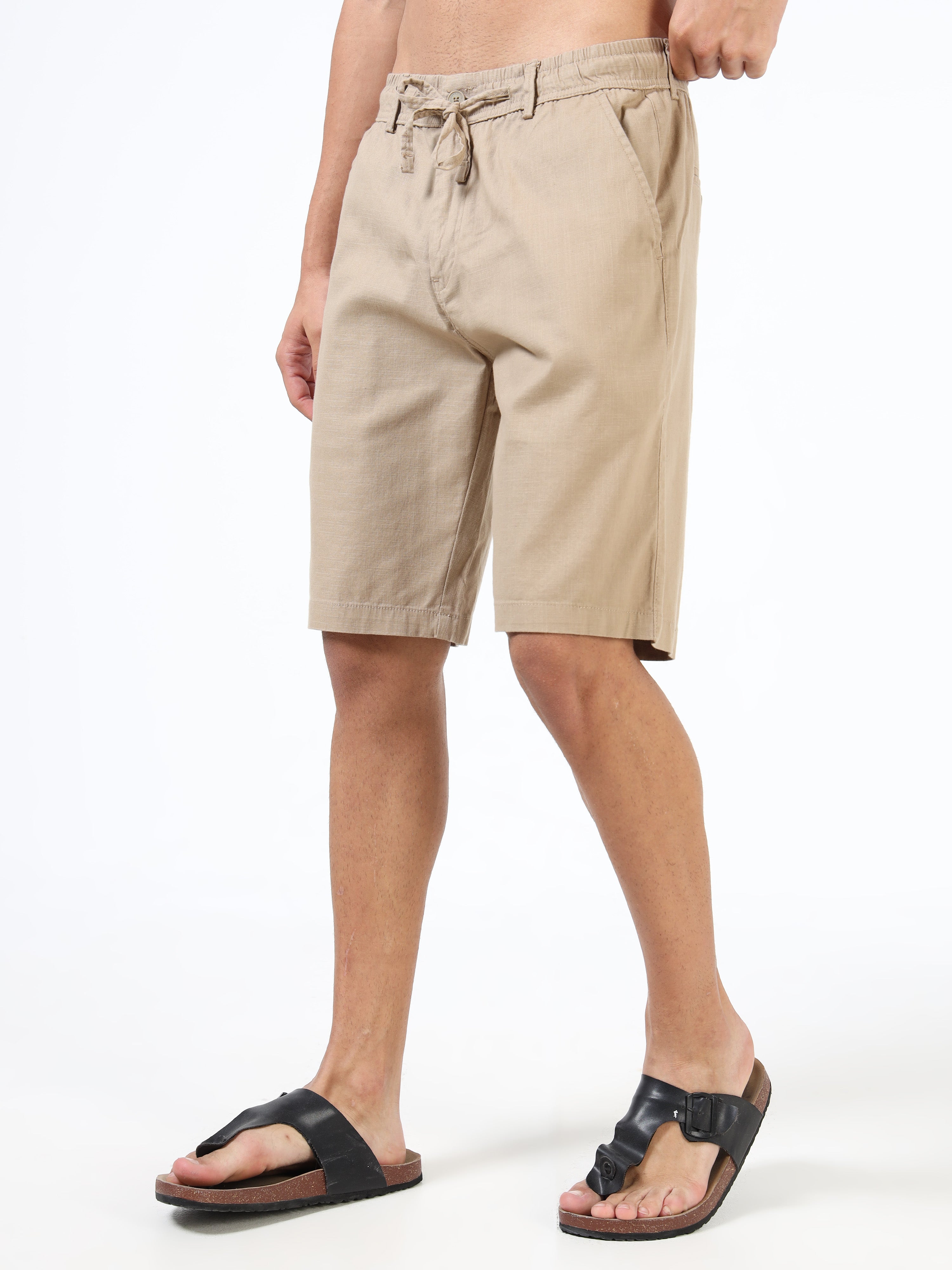 Men Khaki Linen Drawstring Shorts
