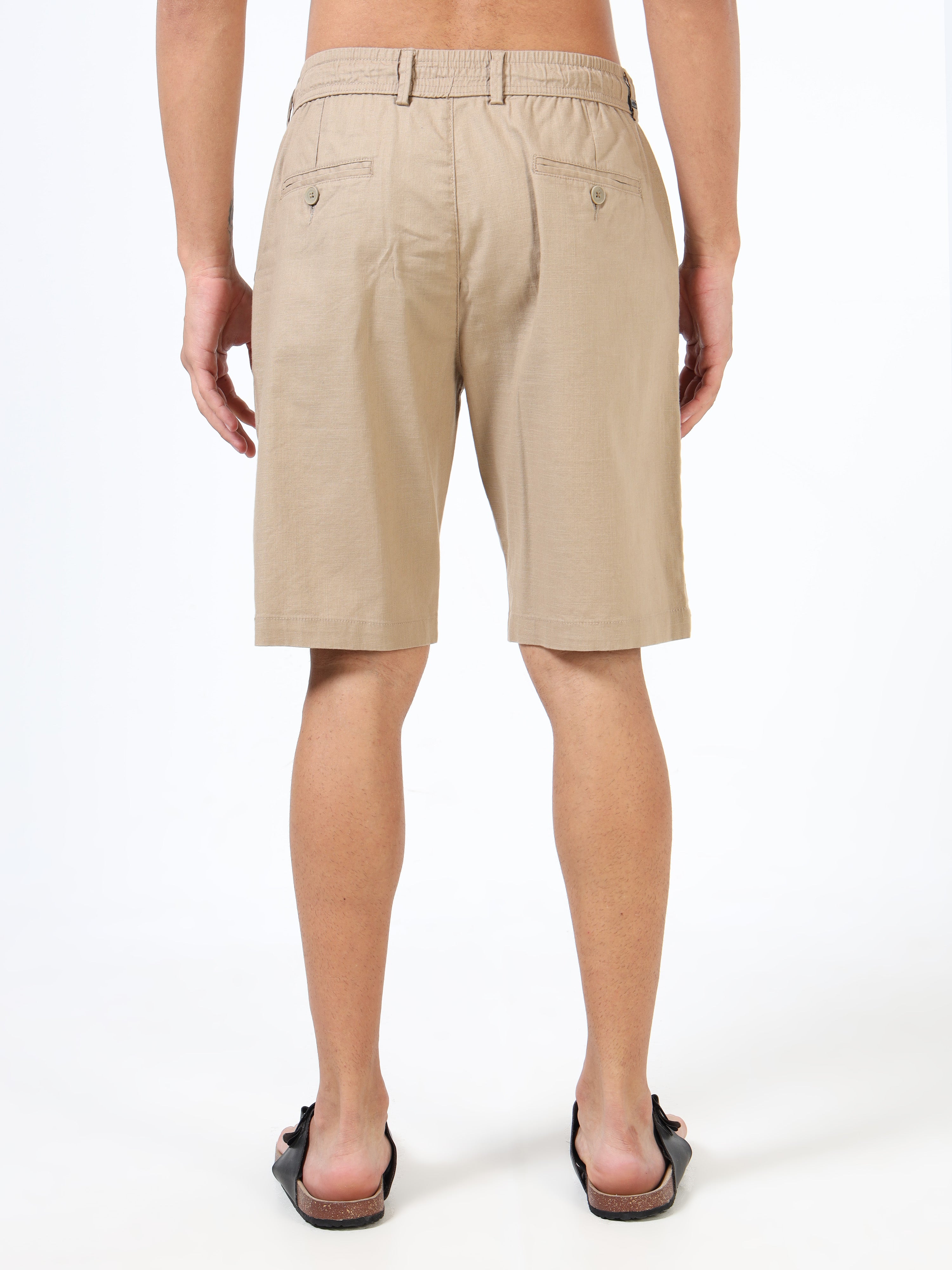 Men Khaki Linen Drawstring Shorts