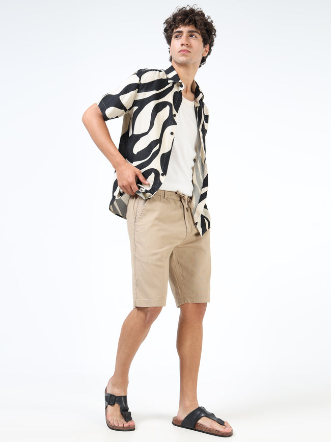 Men Khaki Linen Drawstring Shorts