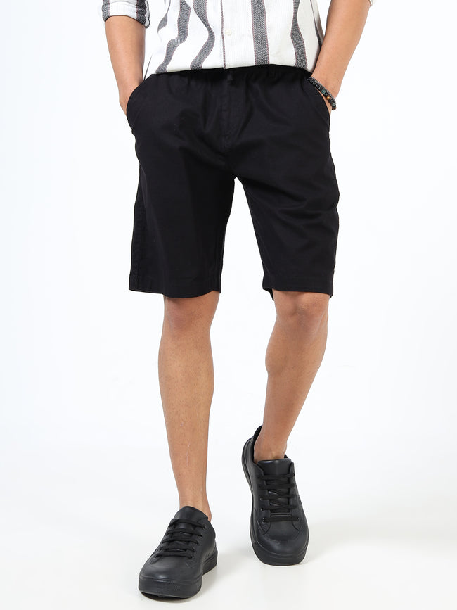 Men Black Linen Drawstring Shorts