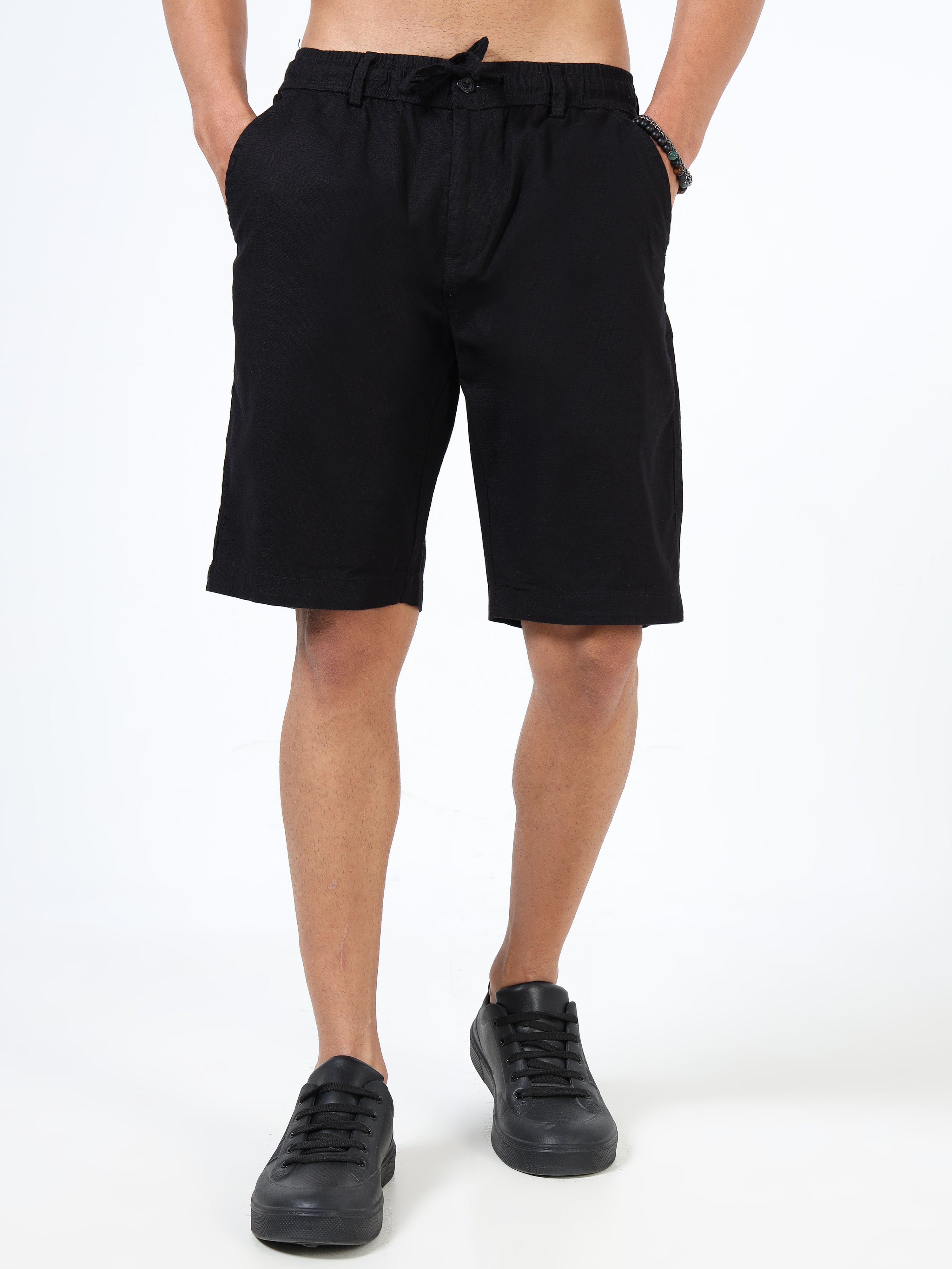 Men Black Linen Drawstring Shorts