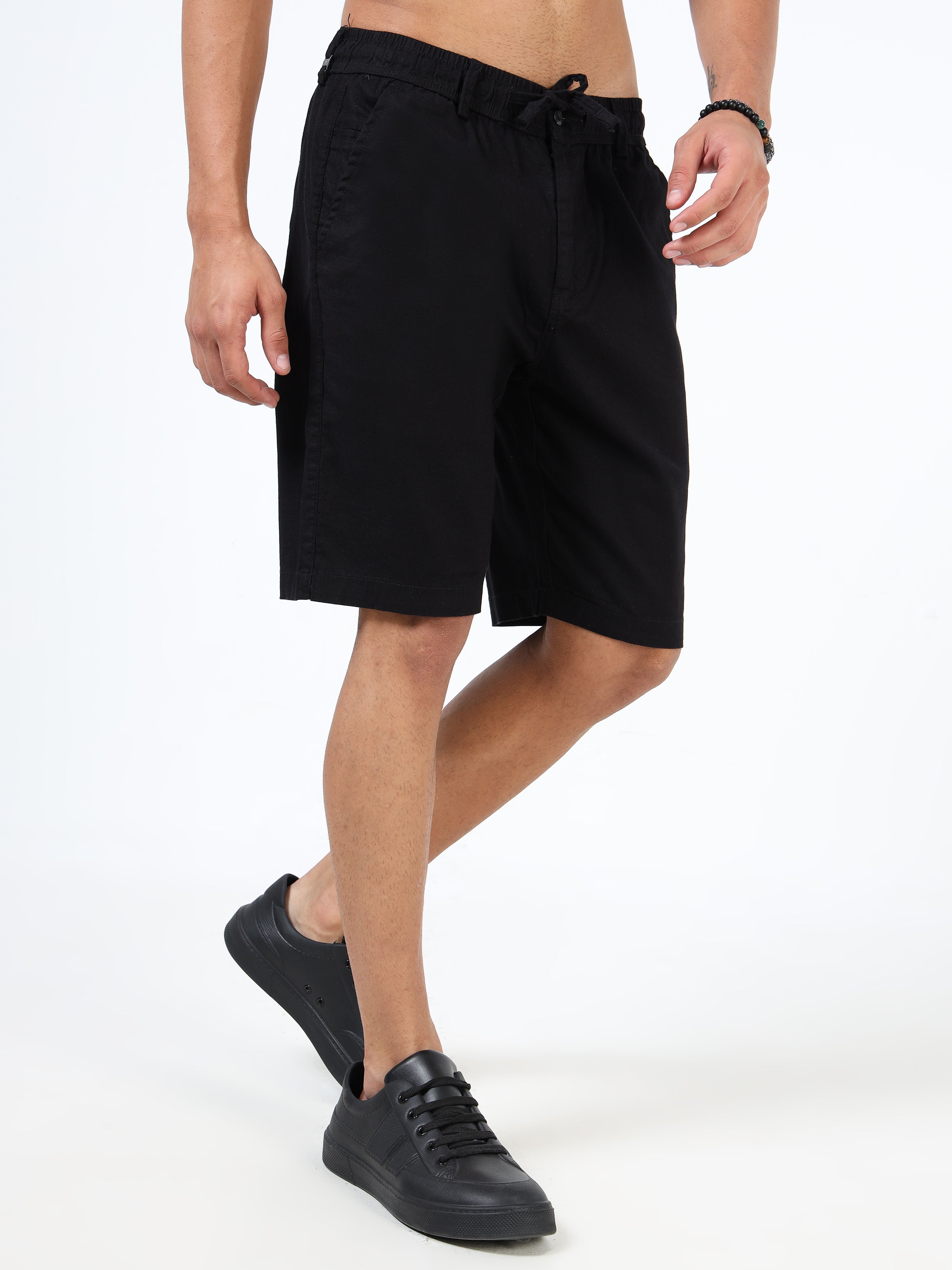 Men Black Linen Drawstring Shorts