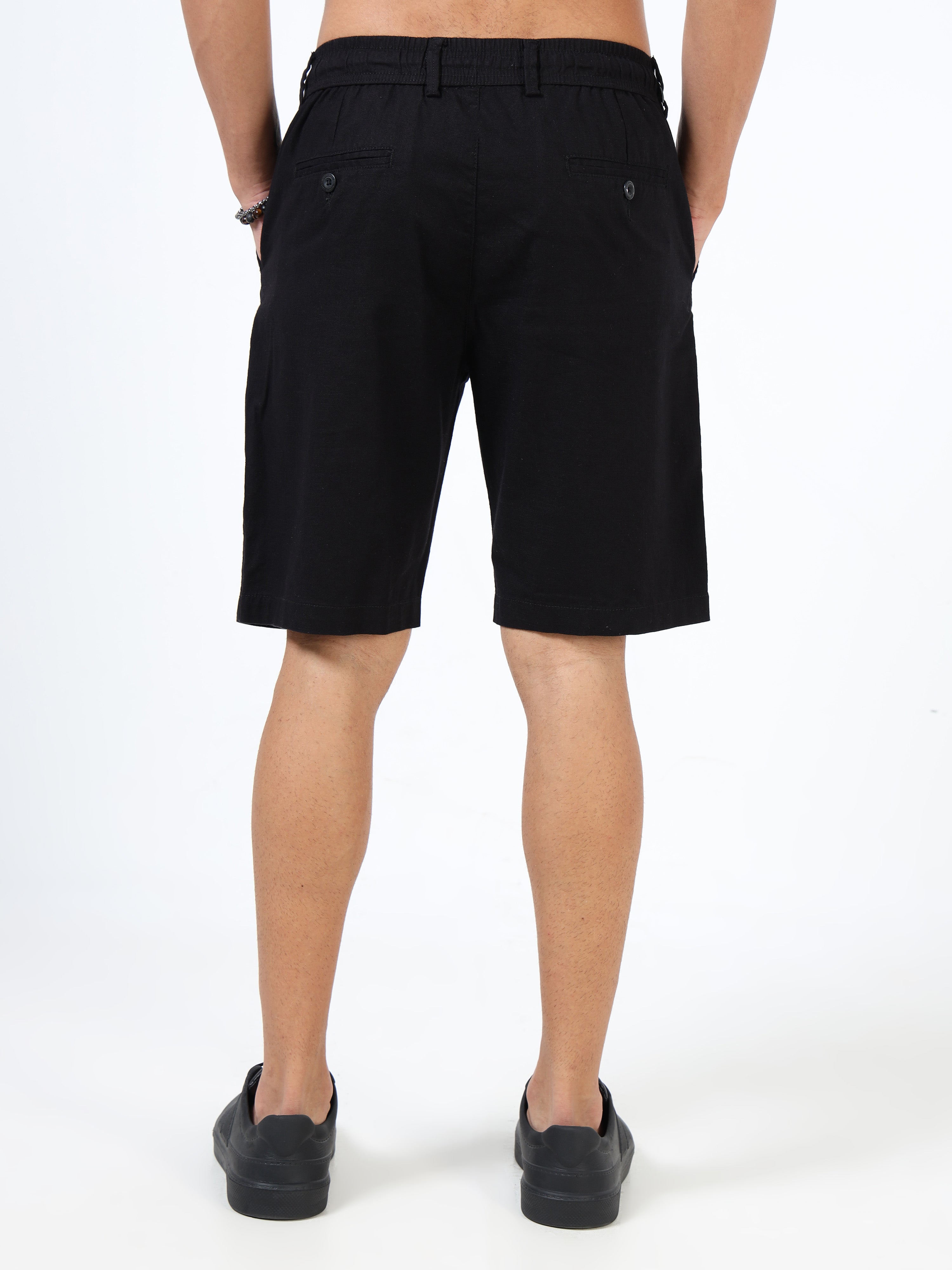Men Black Linen Drawstring Shorts