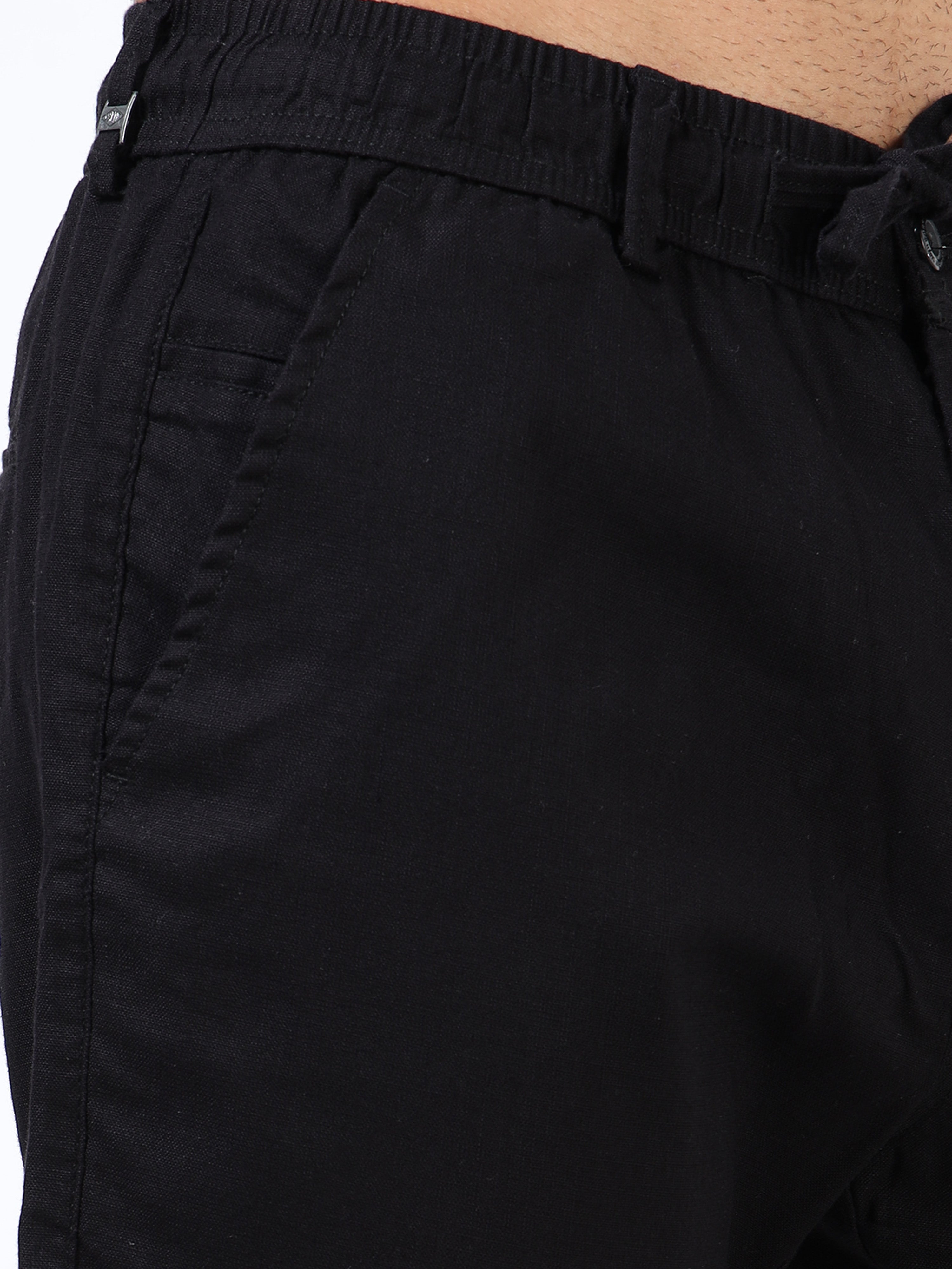 Men Black Linen Drawstring Shorts