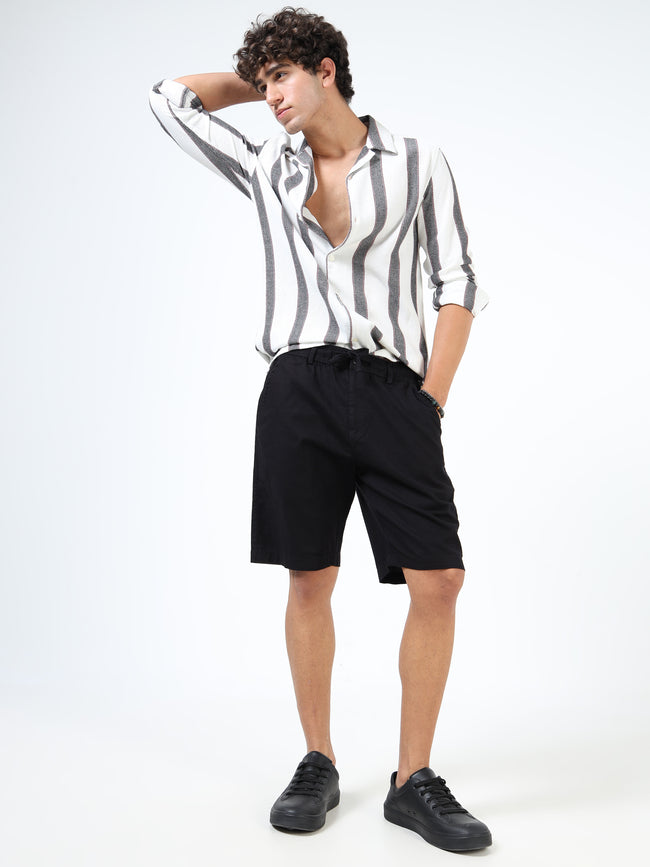 Men Black Linen Drawstring Shorts