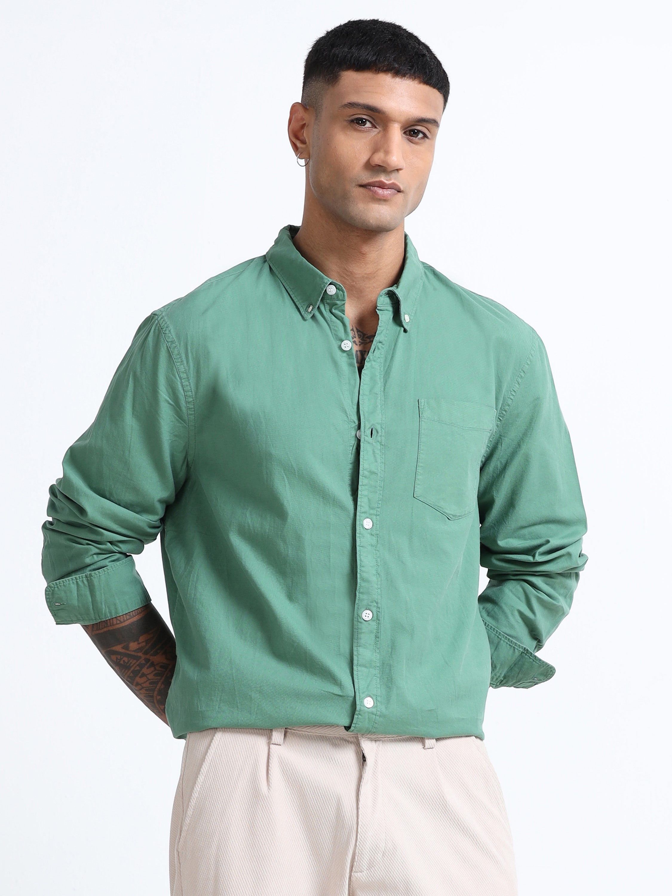 Men Green Button Down Collar Shirt