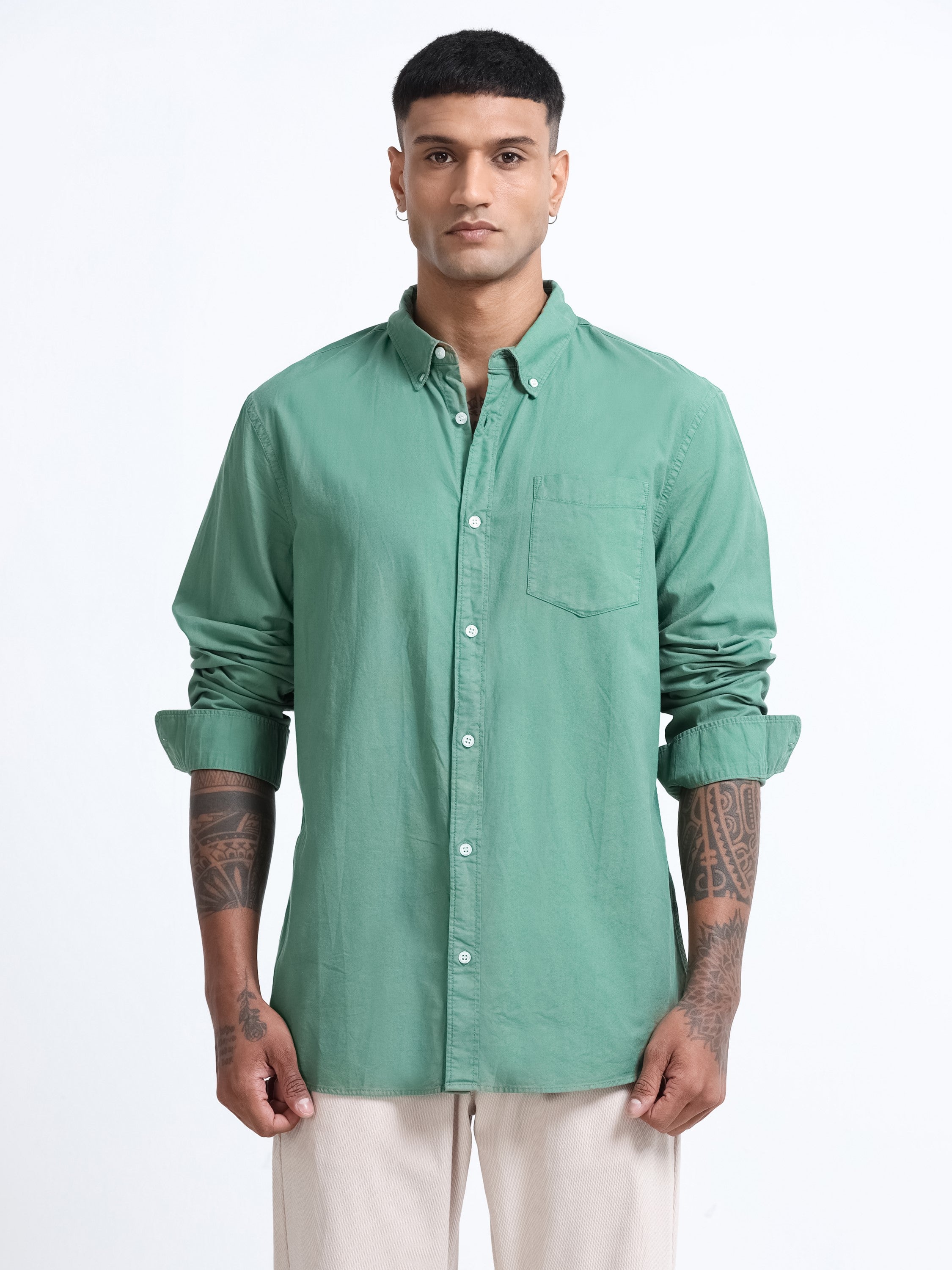 Men Green Button Down Collar Shirt