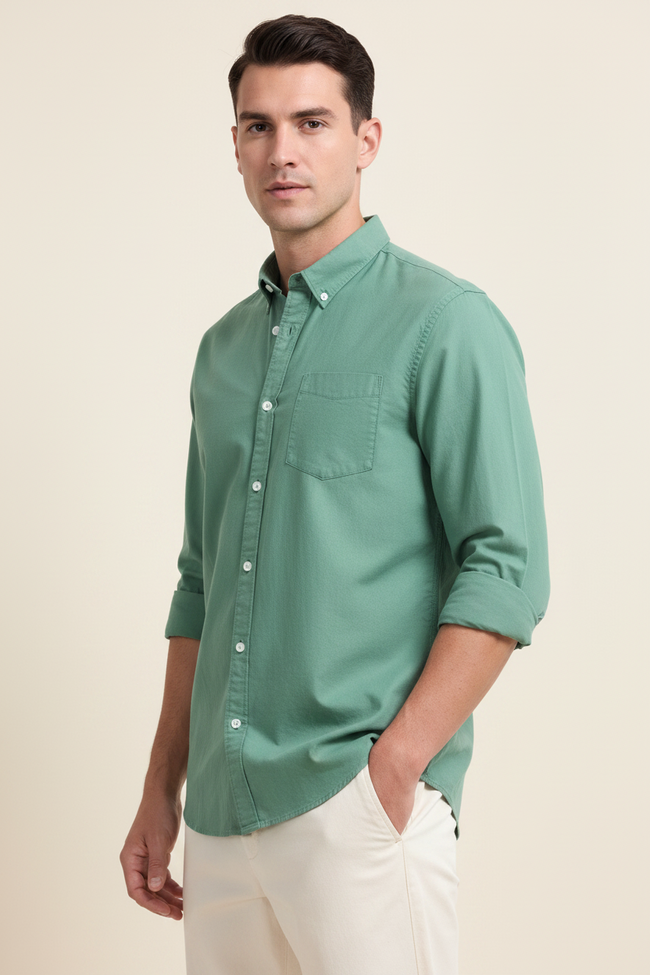 Men Green Button Down Collar Shirt