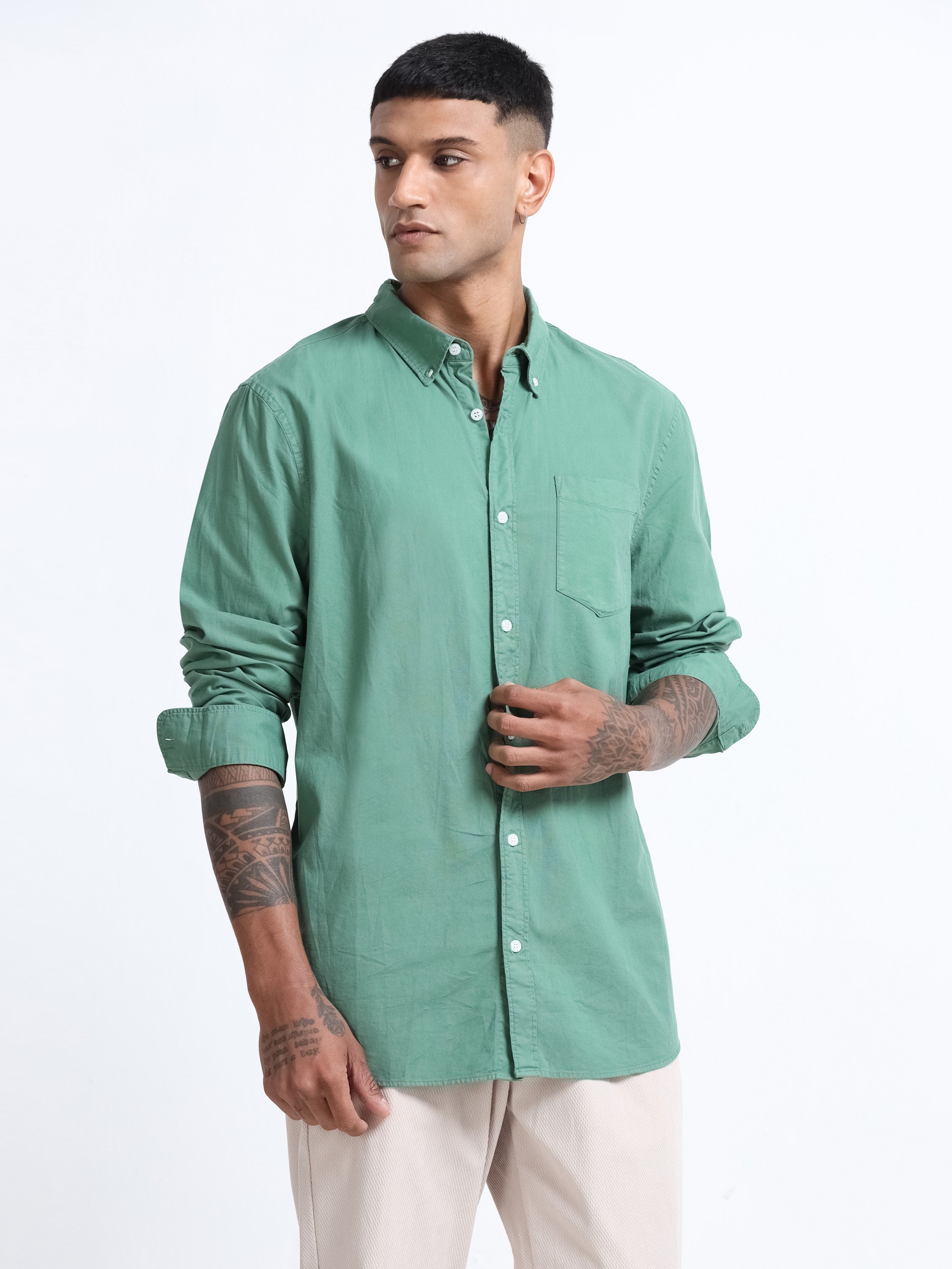 Men Green Button Down Collar Shirt