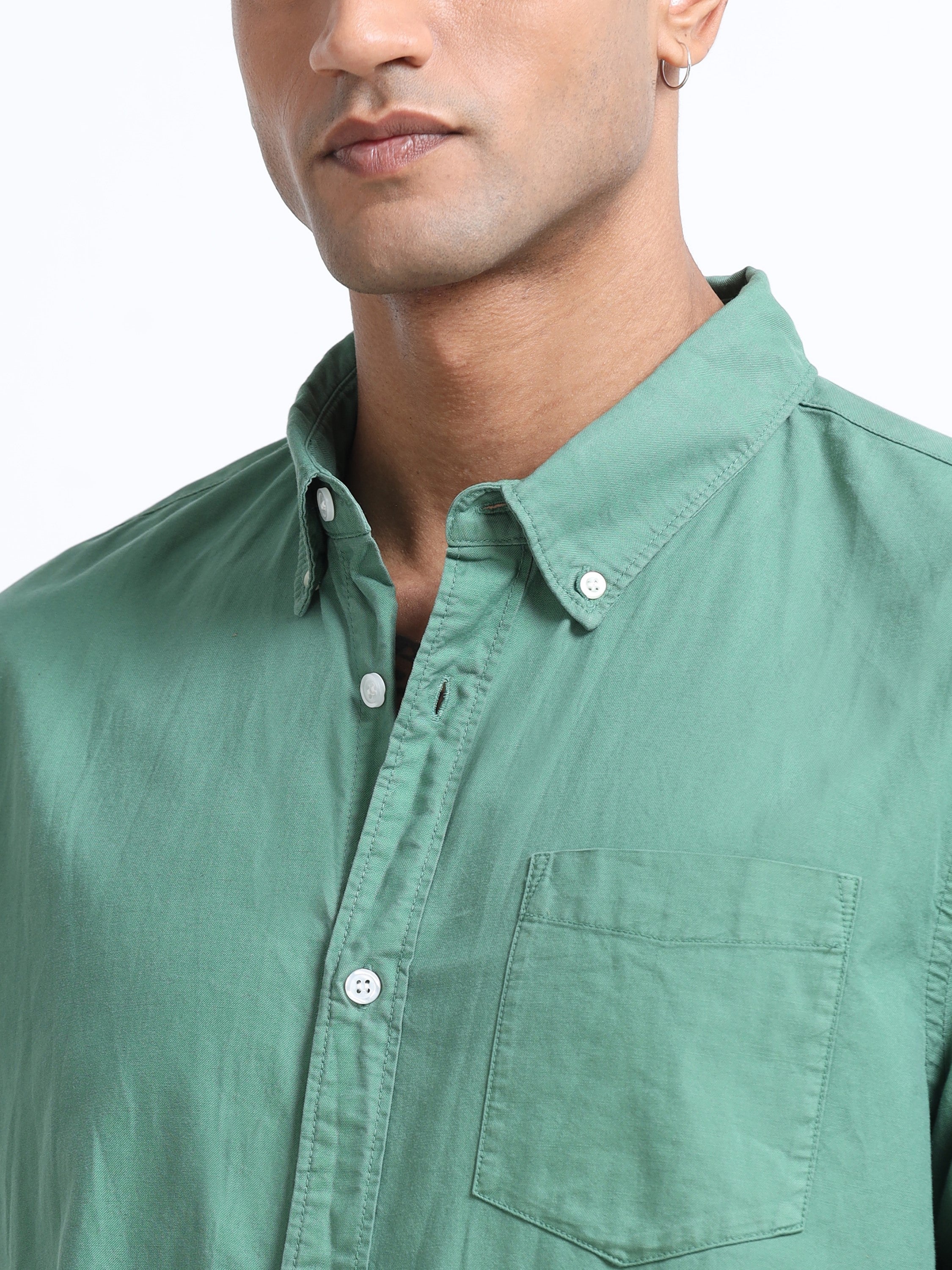Men Green Button Down Collar Shirt