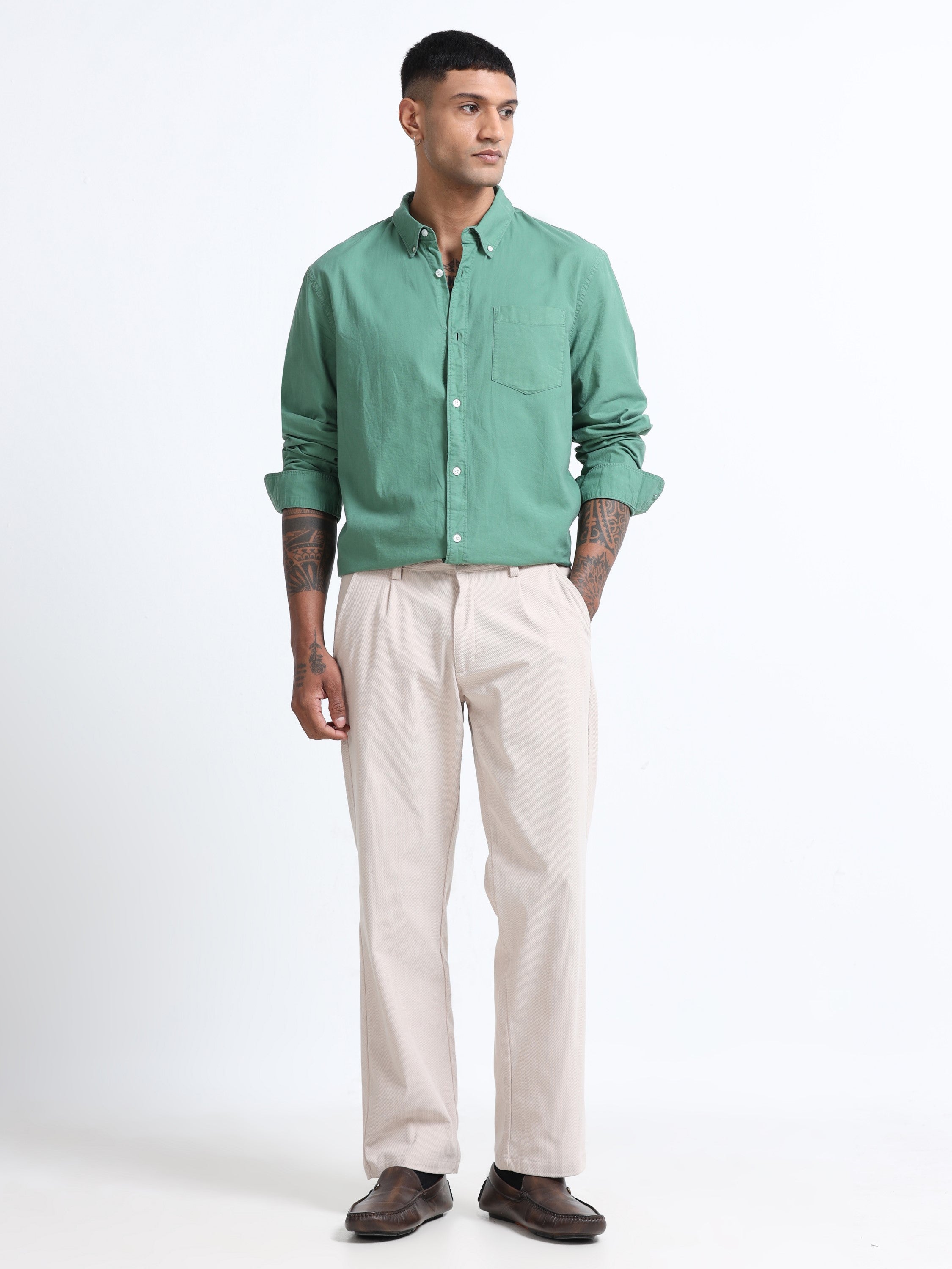 Men Green Button Down Collar Shirt