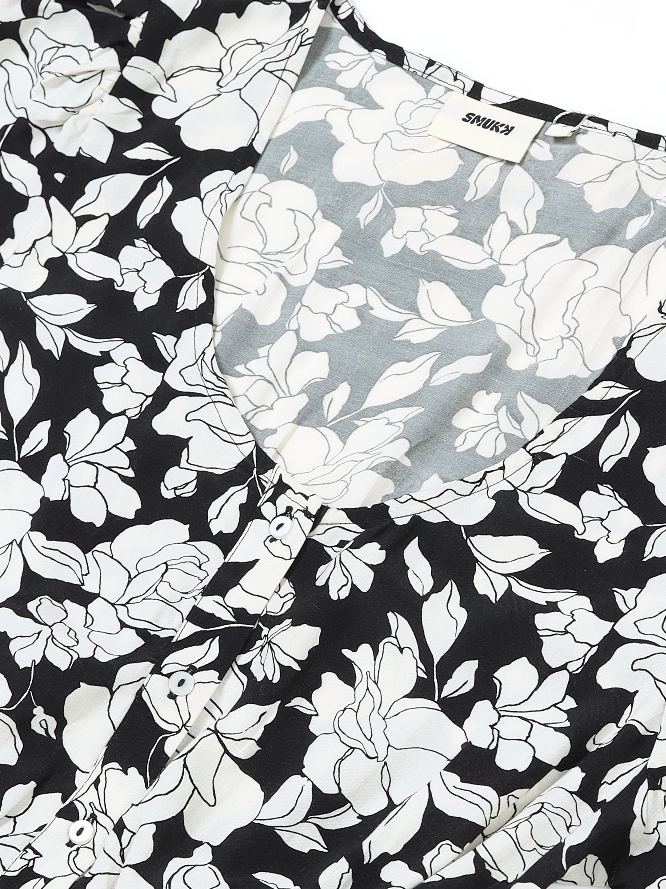Women Retro Black White Floral Dress