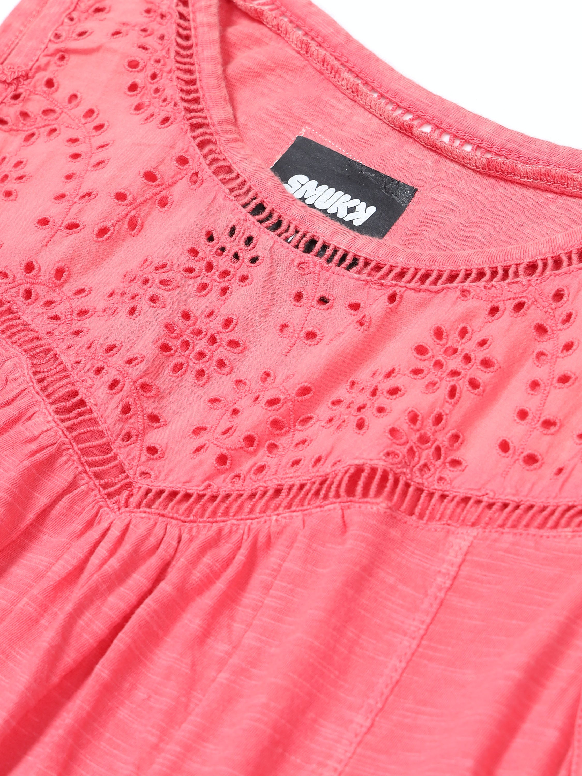 Women Red Shiffli Yoke Top