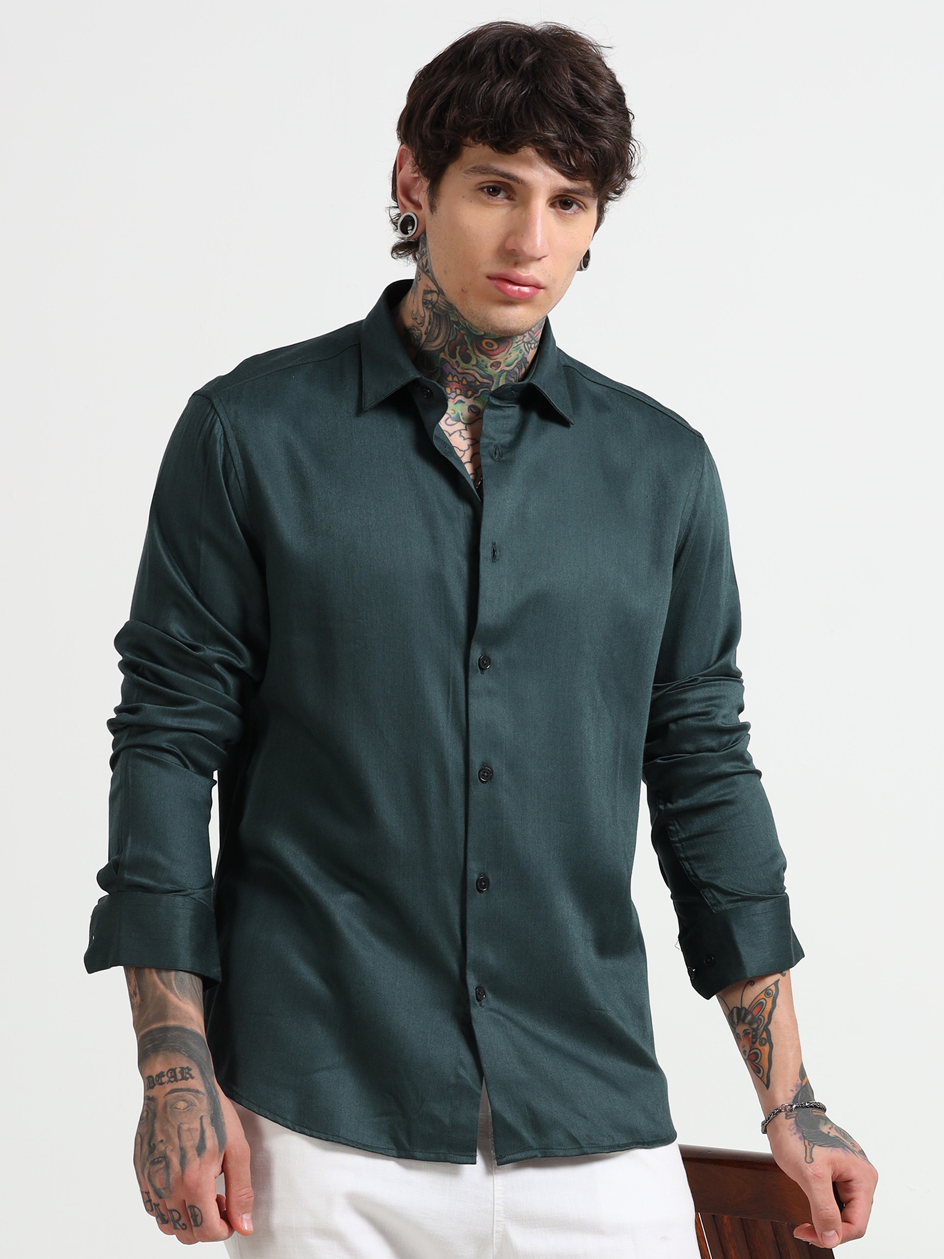 Men Emerald Green  Satin Shirt