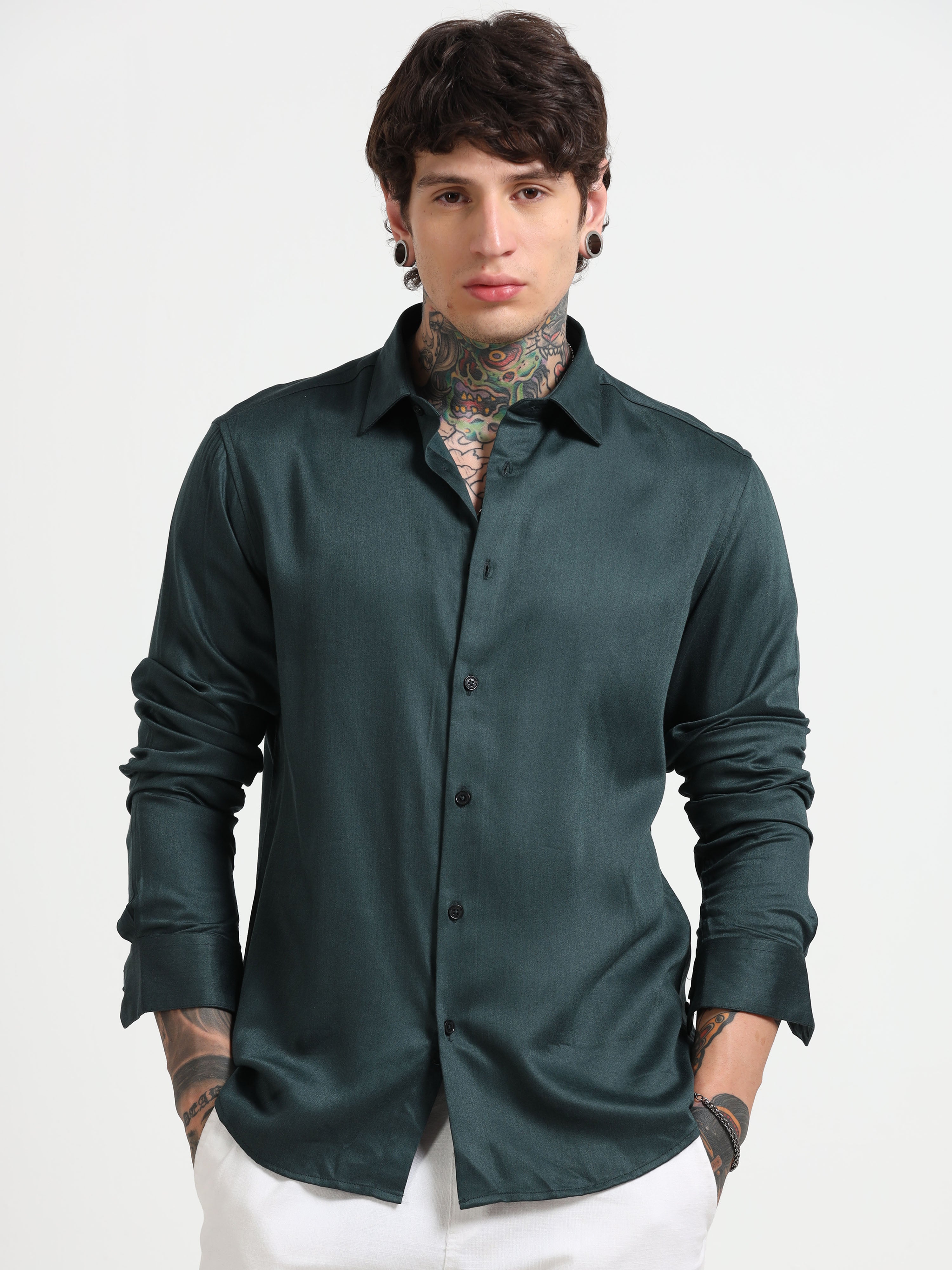 Men Emerald Green  Satin Shirt