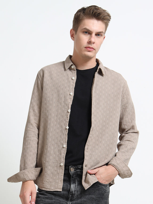 Men Taupe Self-Design Shirt