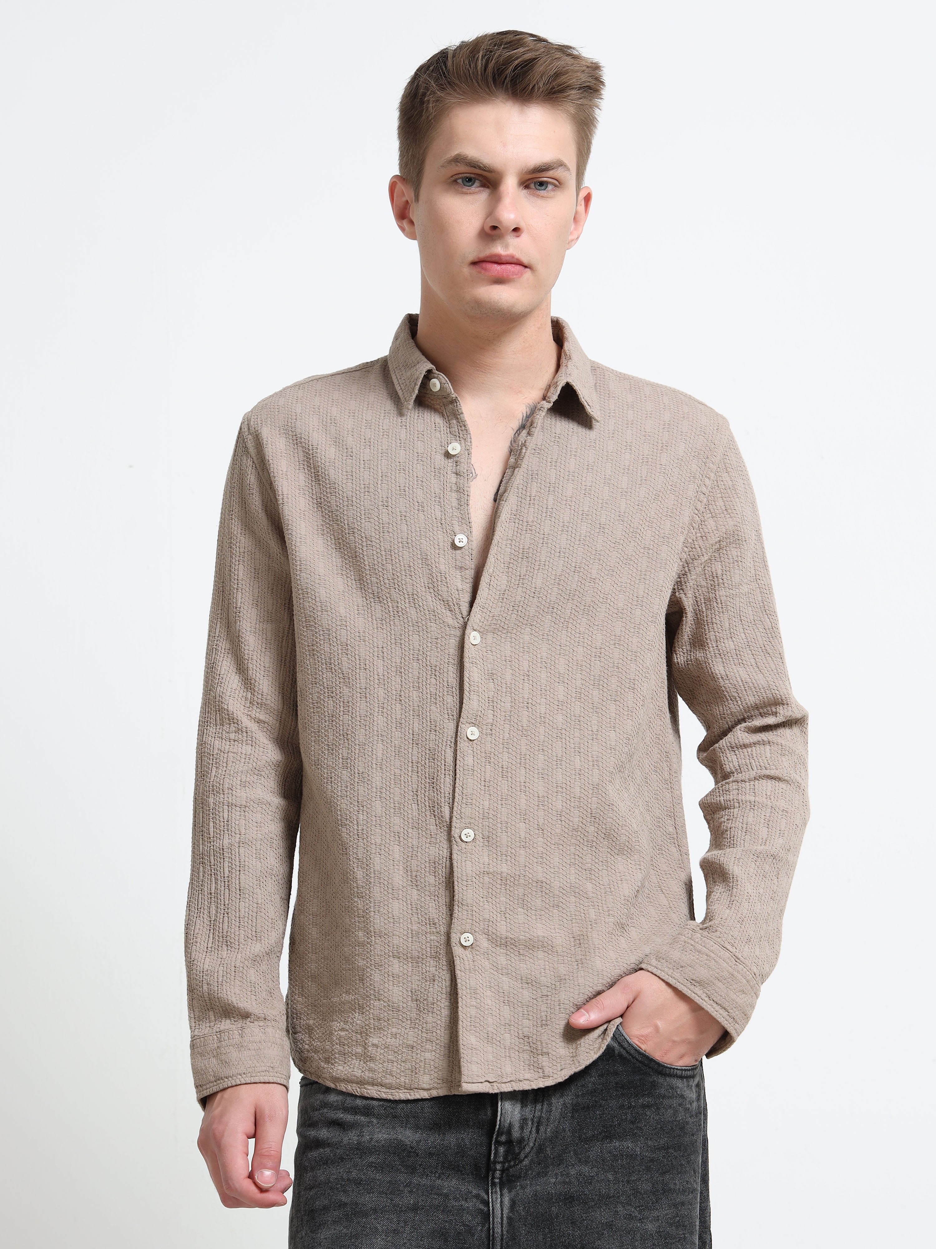 Men Taupe Self-Design Shirt